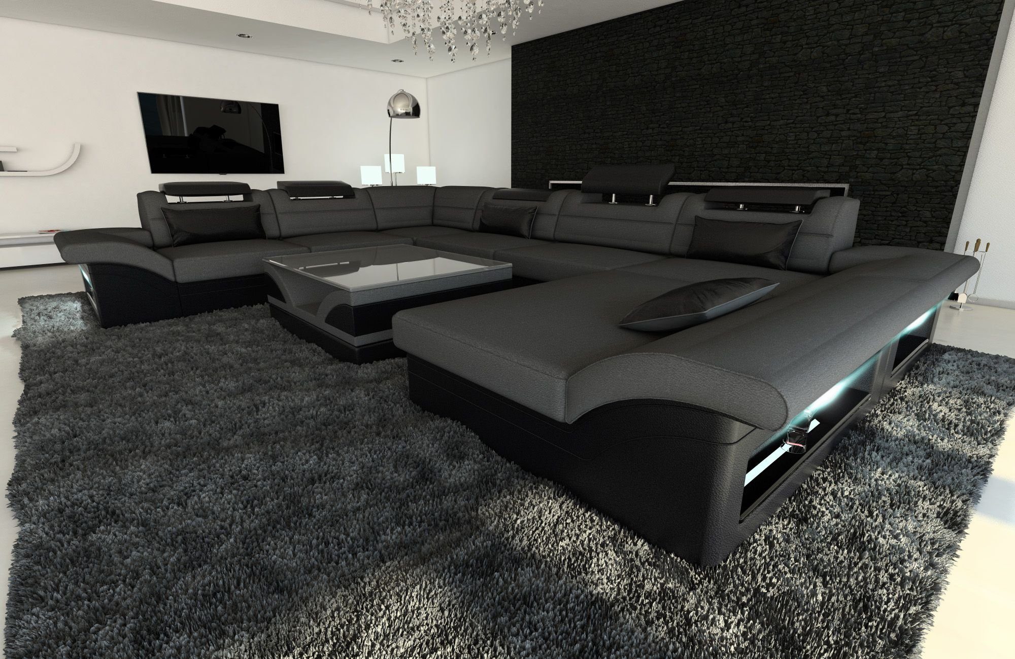 Sofa Dreams Wohnlandschaft Polster Stoffsofa Couch Enzo XXL U Form Stoff Sofa Polstercouch, mit LED, wahlweise mit Bettfunktion als Schlafsofa, Designersofa C91 Dunkelgrau-Schwarz