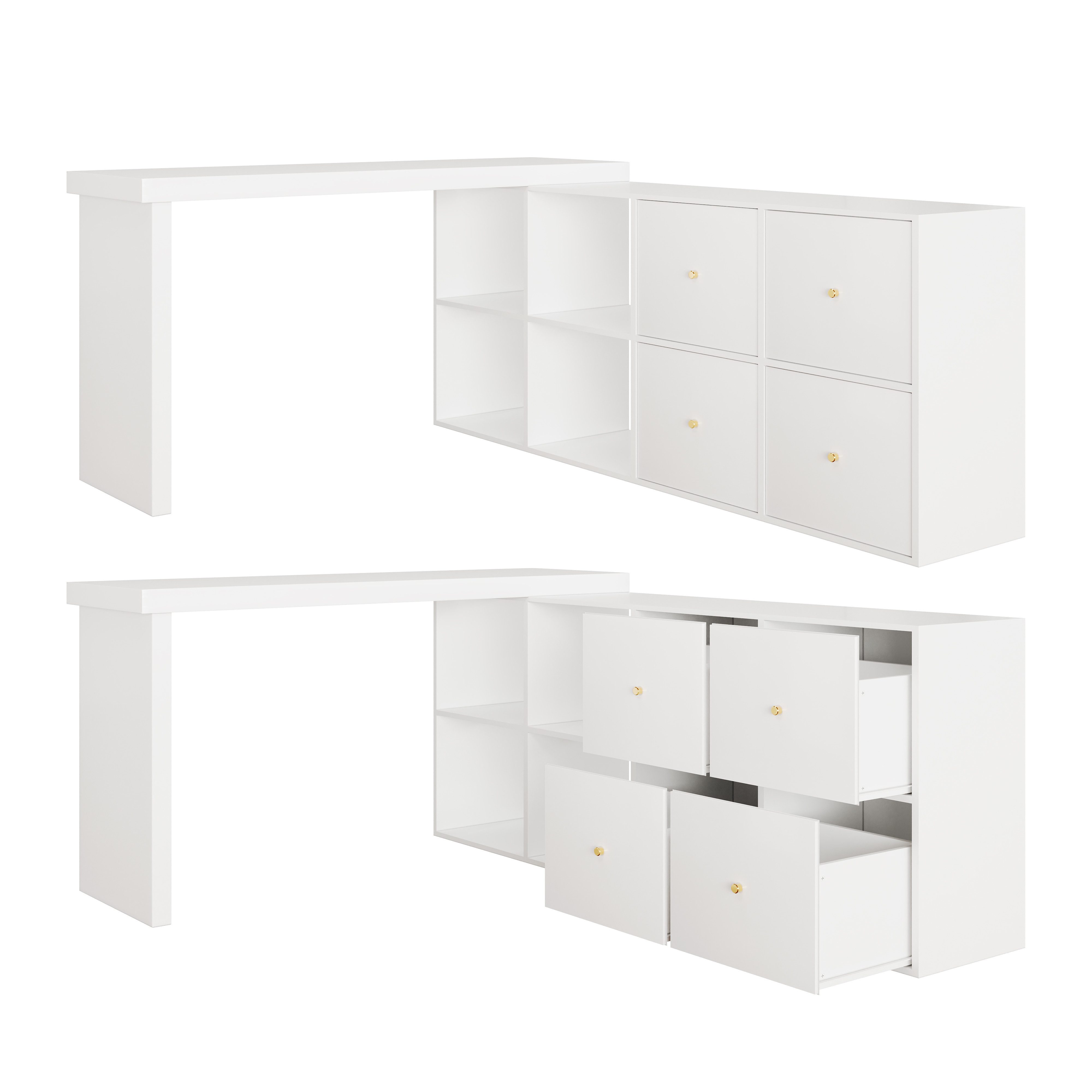 Flieks Schreibtisch 360° drehbar Bürotisch mit 4 Schubladen und 4 Fächern (Tischlänge 120xT48xH78 cm/Schranklänge 140xT35 cm, 2-St., 1 Tisch schwenkbar), Computertisch Eckschreibtisch L-förmiger Arbeitstisch mit Kommode weiß
