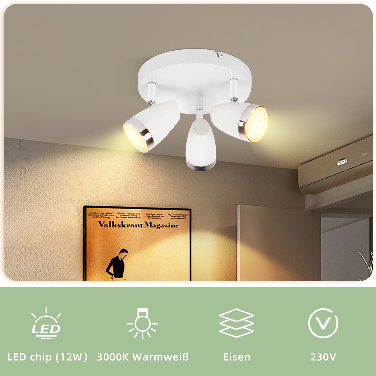 ZMH Deckenstrahler 1/2/3/4 Flammig 4/6/12/16W Deckenlampe schwenkbar 350° Wohnzimmer, LED fest integriert, Warmweiß, Weiß 3000K schwenkbar 350° Deckenspot Flur  – Bild 4 von 5