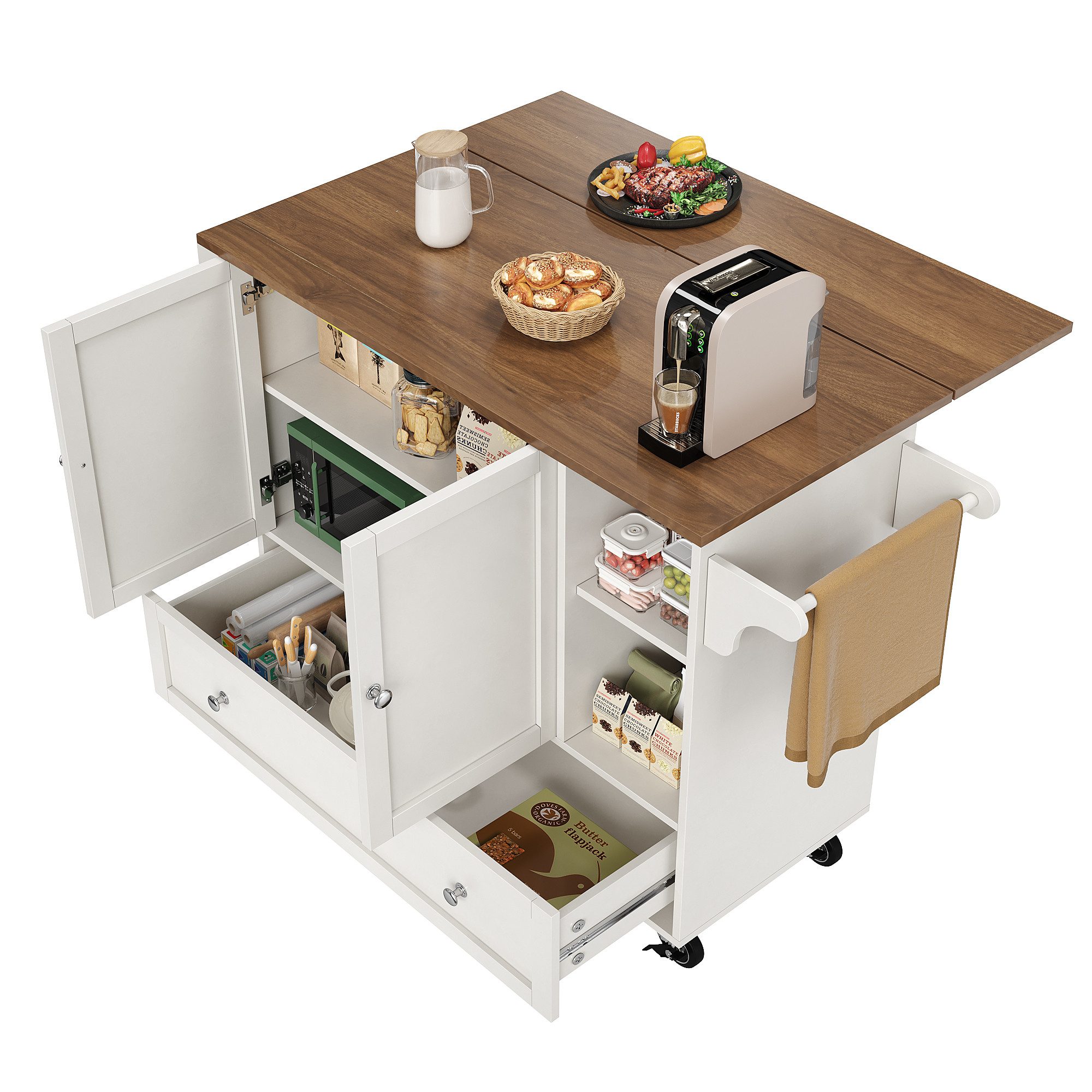 OKWISH Küchenwagen Küchenschränke,Buffetschrank,Speisewagen, mit Arbeitsplatte, (Küchenwagen mit ausklappbarer Tischplatte, Gewürzregal, Handtuchhalter – Flexibler Stauraum, stabiler Metallrahmen, ideal für kleine Küchen & Esszimmer), verstellbare Trennwände
