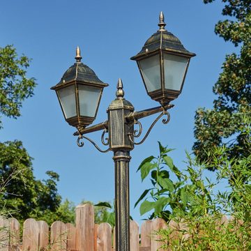 hofstein Außen-Stehlampe Wegeleuchte aus Metall/Glas in Schwarz-Goldfarben/Milchglas, ohne Leuchtmittel, Kandelaber, Gartenbeleuchtung IP44, 2x E27, ohne Leuchtmittel