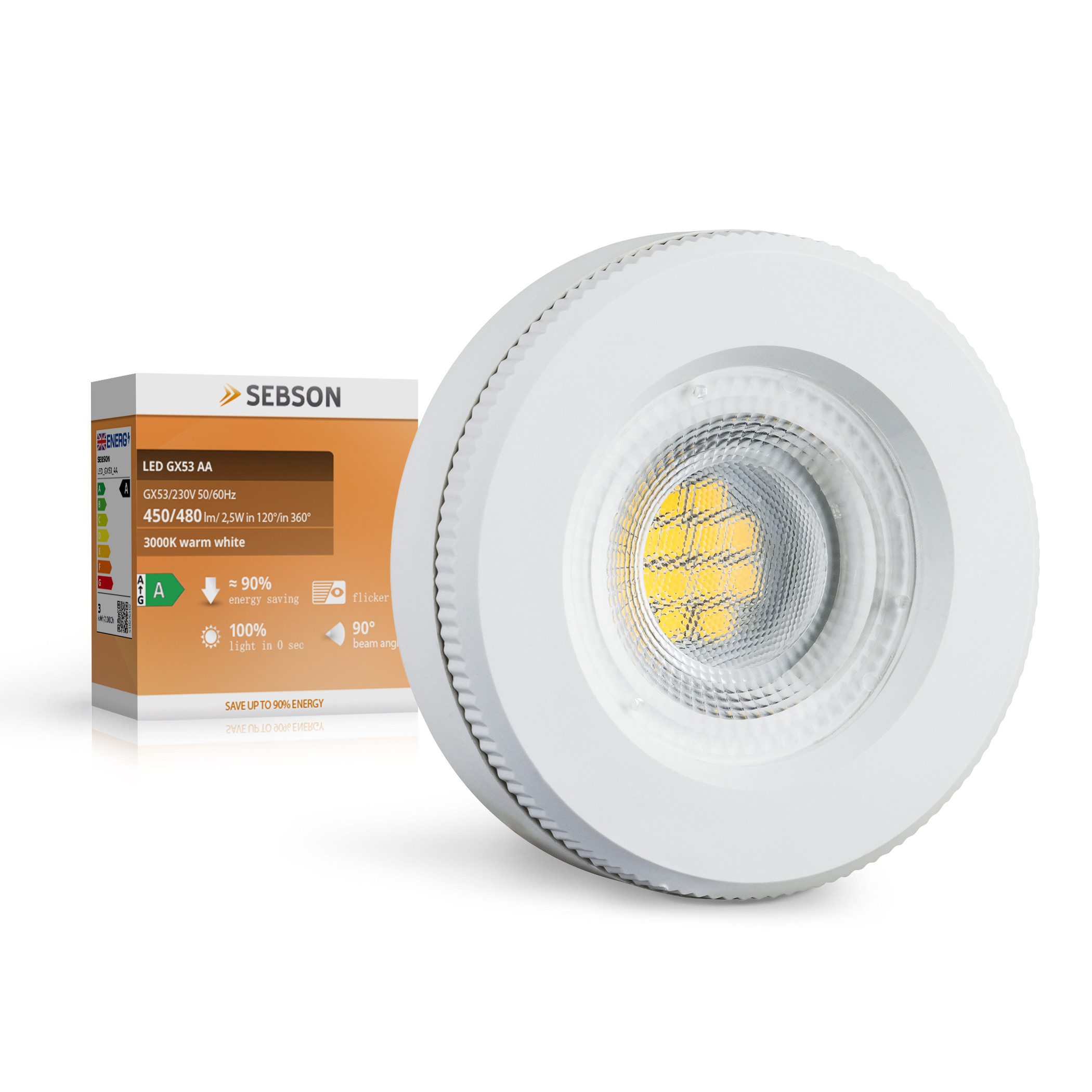 SEBSON LED-Leuchtmittel LED Lampe GX53 Energieeffizienz A - warmweiß 2,5W 450lm 230V Strahler, GX53, 1 St., Warmweiß, Energieeffizienzklasse A Ø73mm flach 120° Abstrahlwinkel 230V