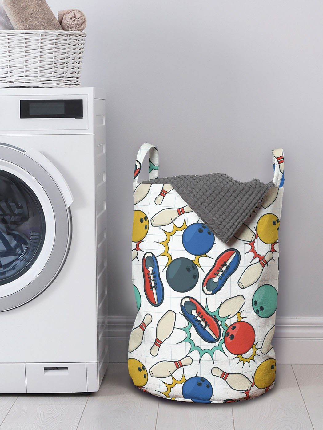 Wäschekorb Doodle Waschsalons, für Kordelzugverschluss Griffen Bowling Wäschesäckchen mit Farbe Retro Abakuhaus