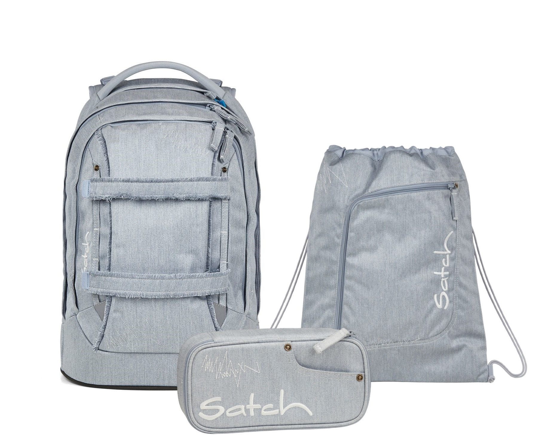 Satch Schulranzen Schulrucksack-Set PACK Washed Blue 3-teilig, Kollektion 2025 (3-teilig), ergonomisch, Your-Size-System: auf Körpergröße anpassbar