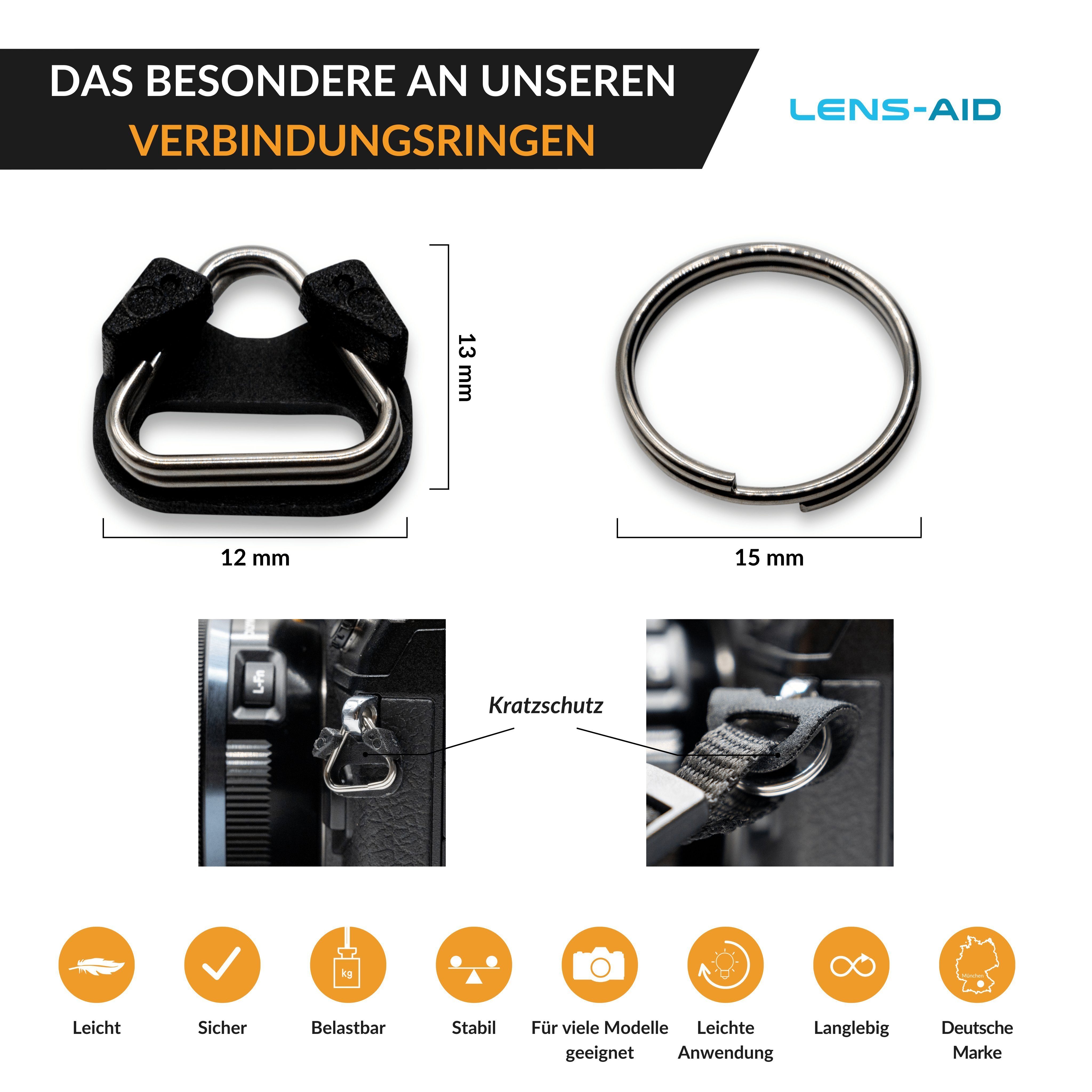 Lens-Aid mit (dreieckig) Kamerazubehör-Set Paar (4 tlg) 2 Schutzkappen, Gurt-Verbindungsringe