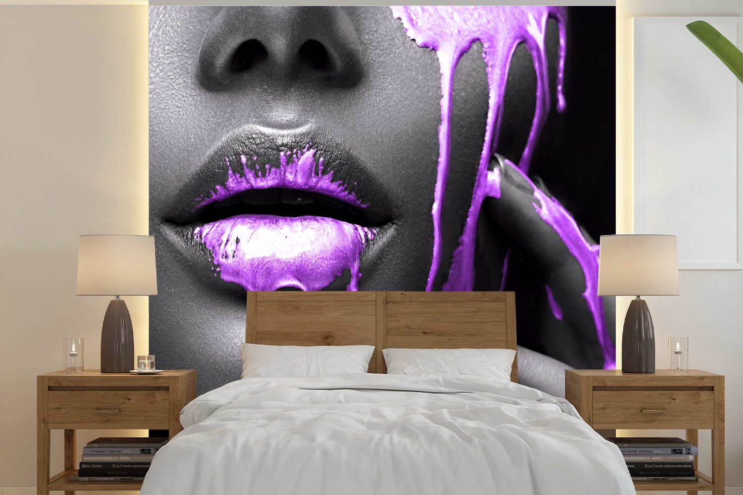MuchoWow Fototapete Lippen - Schwarz - Lila, Matt, bedruckt, Vliestapete für Wohnzimmer Schlafzimmer Küche, Fototapete, 220x220 cm