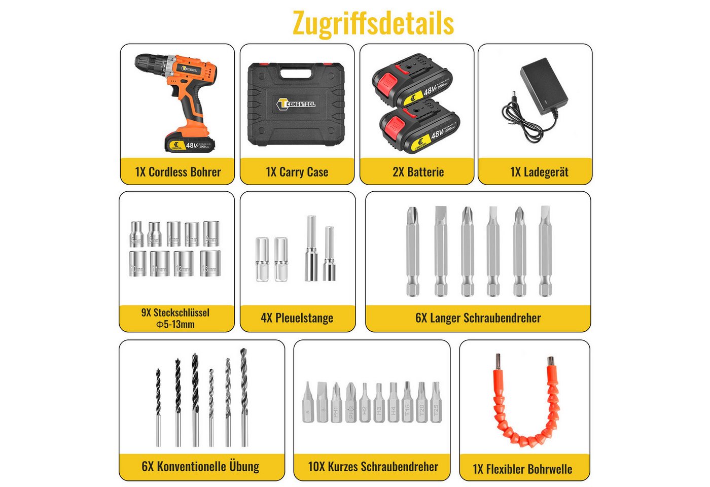 Thumbnail - CONENTOOL Akku-Schraubendreher Akkuschrauber Schraubendreher Set, 1850,00 U/min, 45,00 Nm, (Set, 36-tlg., 2,0Ah Akku, Ak...