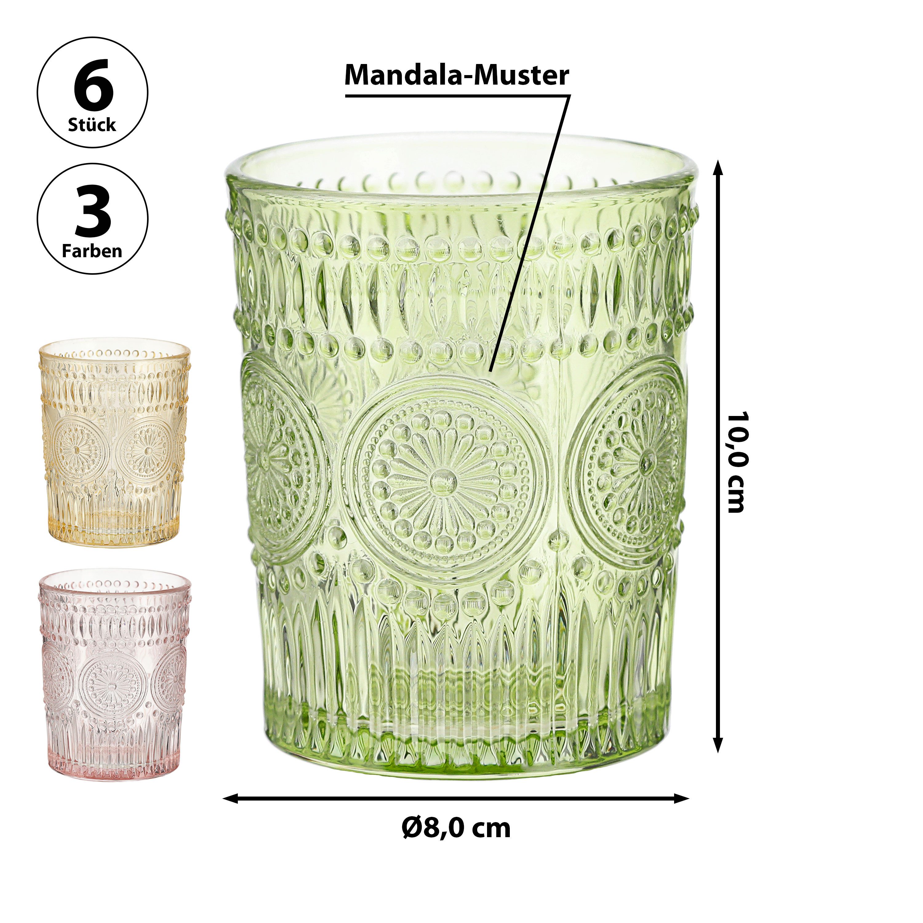 CEPEWA Glas Trinkglas 6er Set 'Mandala' Ø8x10cm 300ml Glas rosa grün orange