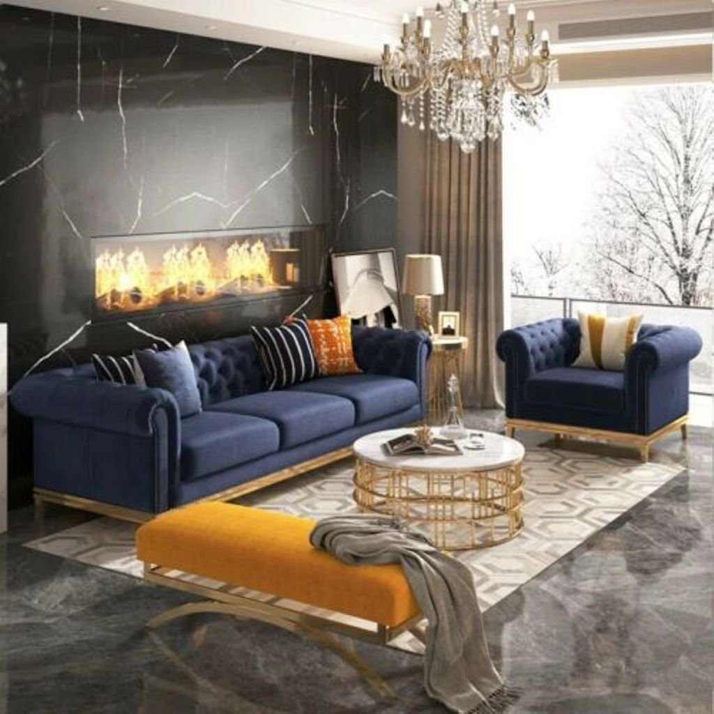 JVmoebel Wohnzimmer-Set, Polster Couch Garnitur Design 3+1 Leder Sitz Blau Metall Sofa Chesterfield