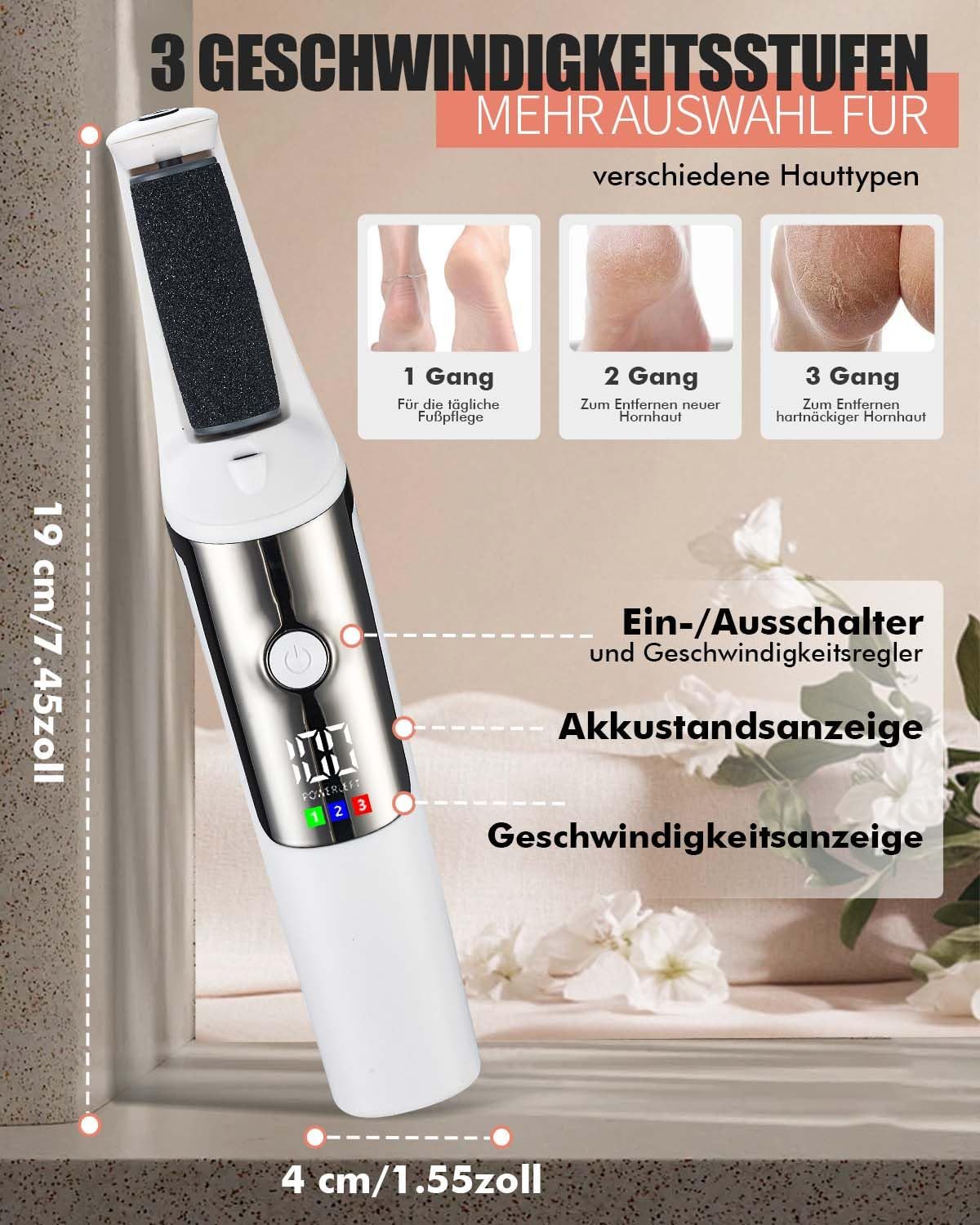 AIBISTAR Elektrischer Hornhautentferner Hornhautentferner Elektrischer Fußpflegegerät, 3 Stufen, USB-C, IPX4, 3 Wechselrollen,Professionelle Fußpflege für zu Hause
