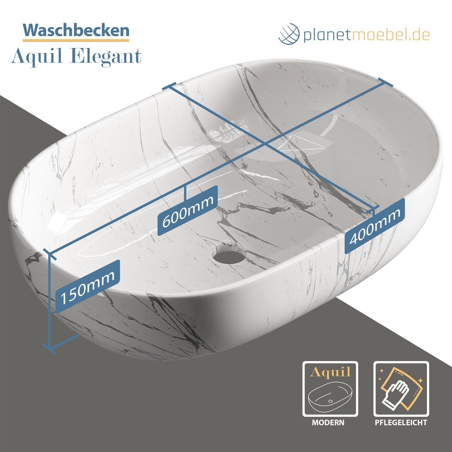 Planetmöbel Aufsatzwaschbecken Aquil Deluxe Badezimmer Waschbecken 60 cm oval für Waschtisch – Bild 5 von 5