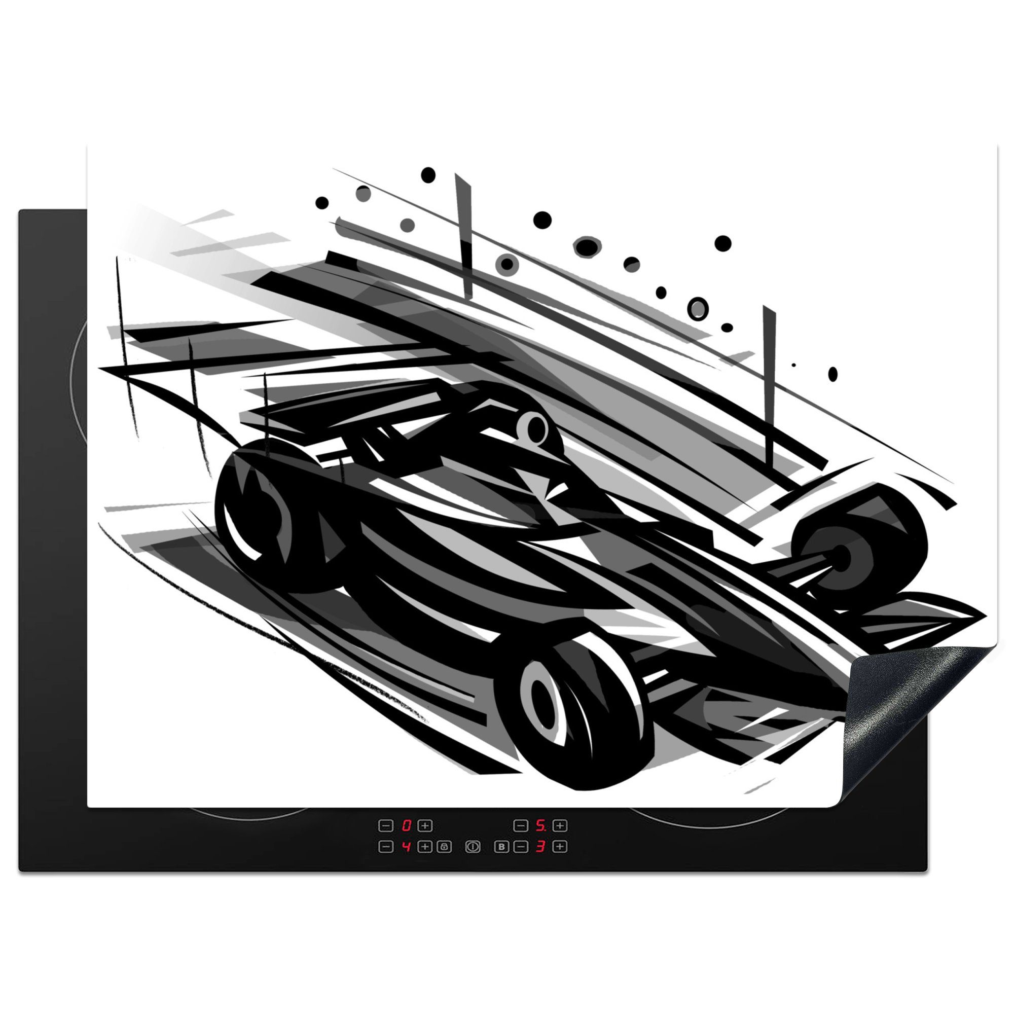 MuchoWow Herdblende-/Abdeckplatte Eine schwarz-weiße Illustration eines Autos aus der Formel 1, Vinyl, (1 tlg), 70x52 cm, Mobile Arbeitsfläche nutzbar, Ceranfeldabdeckung