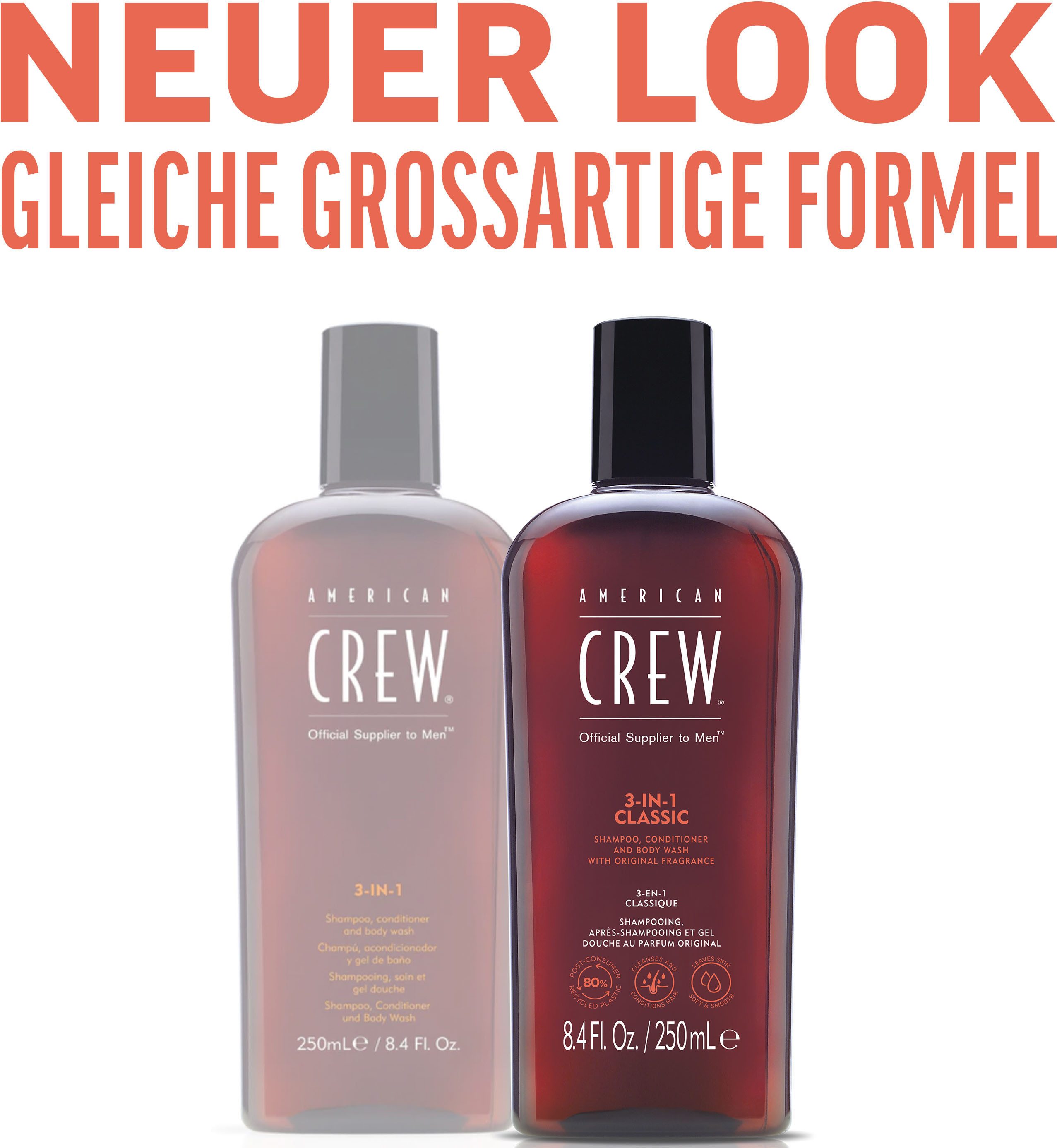 American Crew Haarshampoo 3-IN-1 CLASSIC: SHAMPOO, CONDITIONER UND BODY WASH, 1-tlg., für alle Haartypen geeignet, spendet Feuchtigkeit, beruhigt Kopfhaut.
