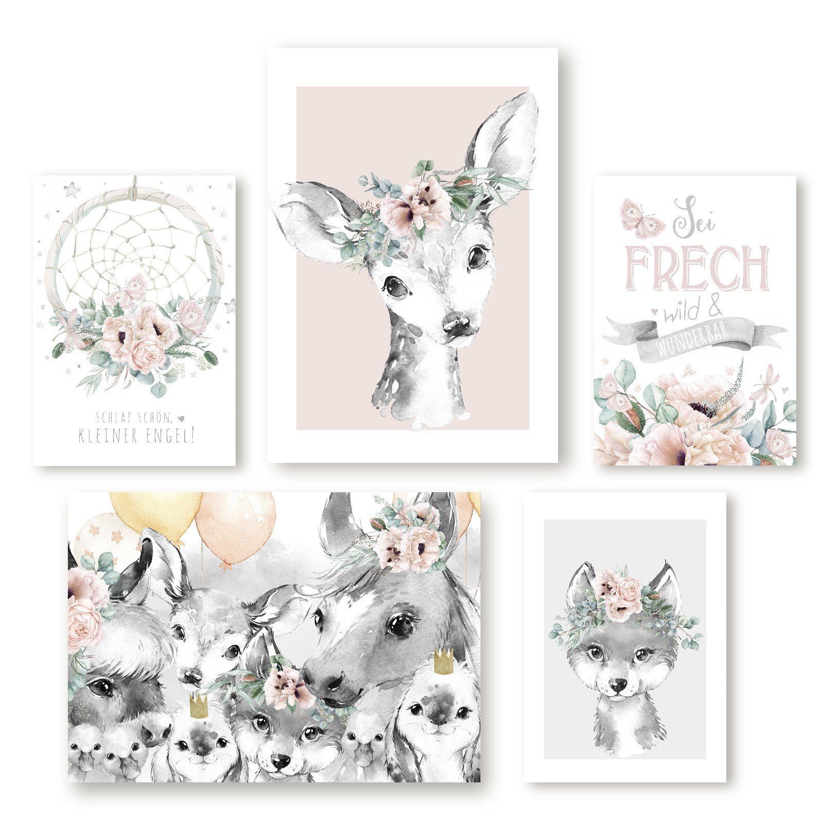 homestyle-accessoires Poster Kinderzimmerbilder Bilderset FARMTIERE SCHLAF SCHÖN BAMBI PFERD HASE, (5 St), - Ohne Bilderrahmen - sorgfältige & sichere Verpackung