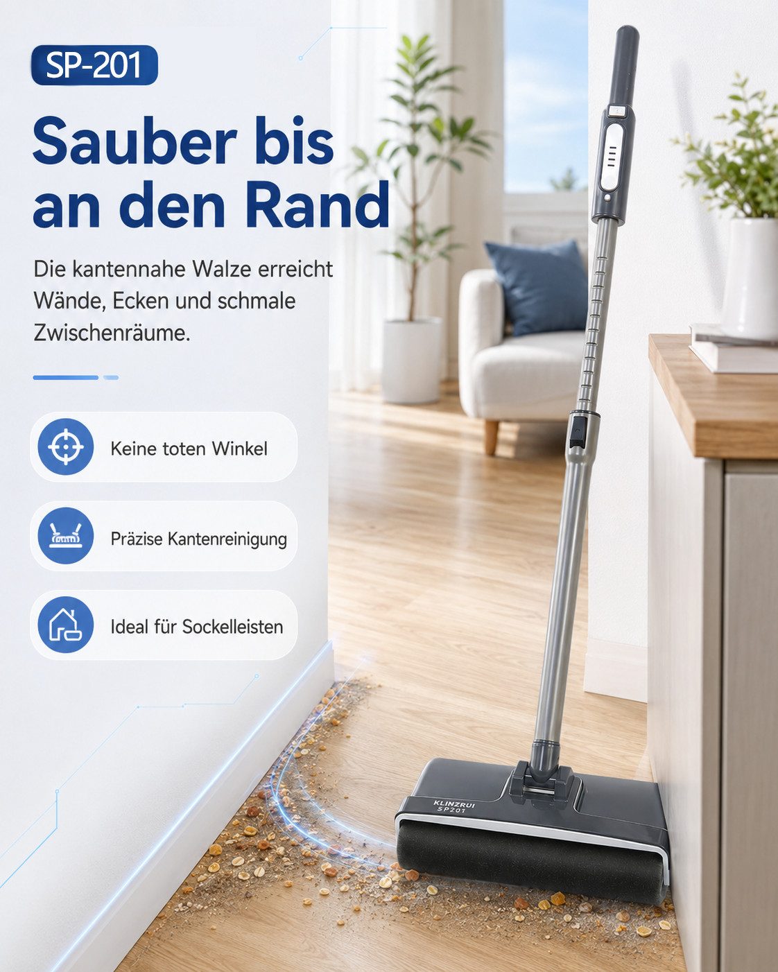 Fyrove Bodenstaubsauger Akku‑Bodenreiniger mit langer Akkulaufzeit bis 70 Minuten, kantenreinigende Walze, Tierhaare leicht entfernen für alle Hartböden