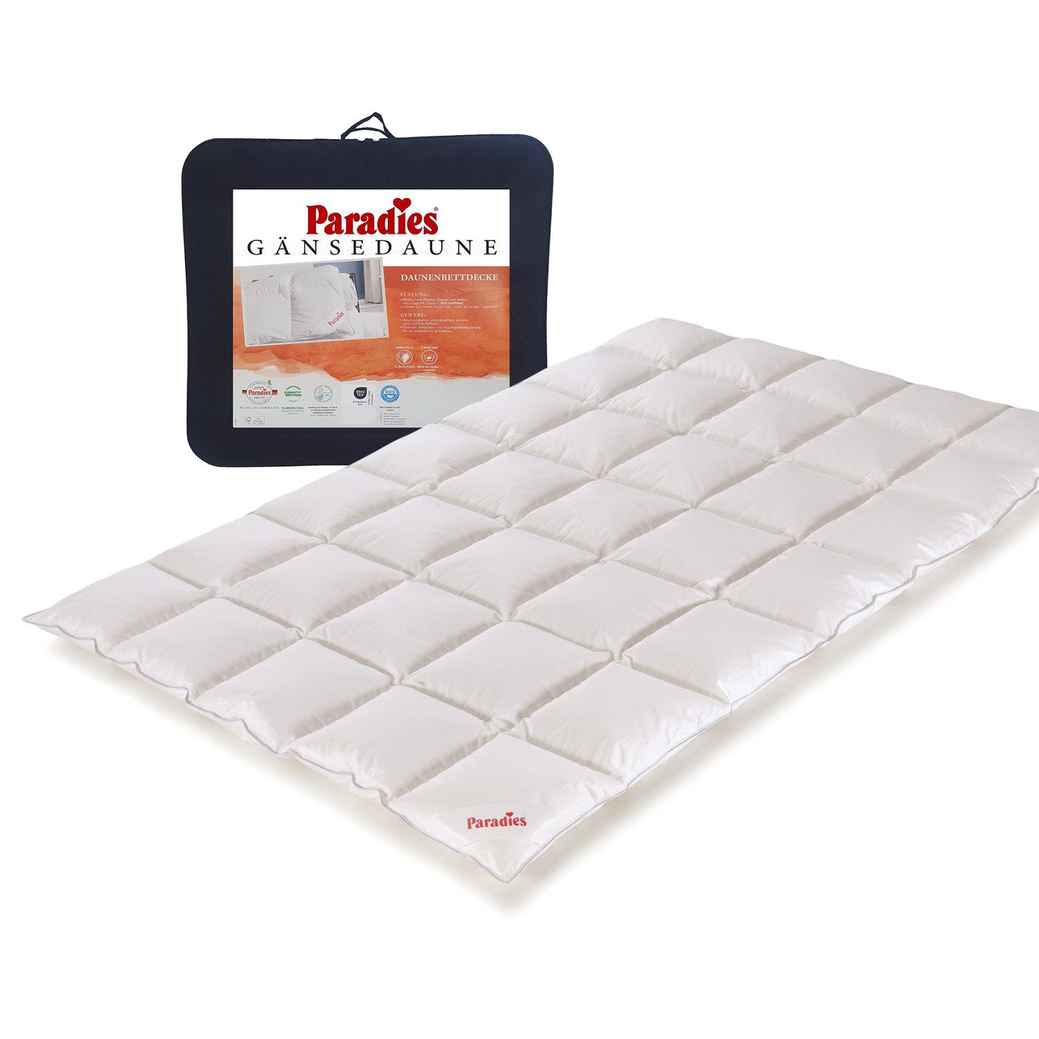 Paradies Daunenbettdecke Paradies Gänsedaunen Bettdecke Melinda Daunendecke medium warm 135x200, Füllung: 90% neue weiße Gänsedaunen Klasse1, 10% neue weiße Gänsefederchen Klasse1, super Clean, Bezug: 100% Baumwolle ohne optische Aufheller