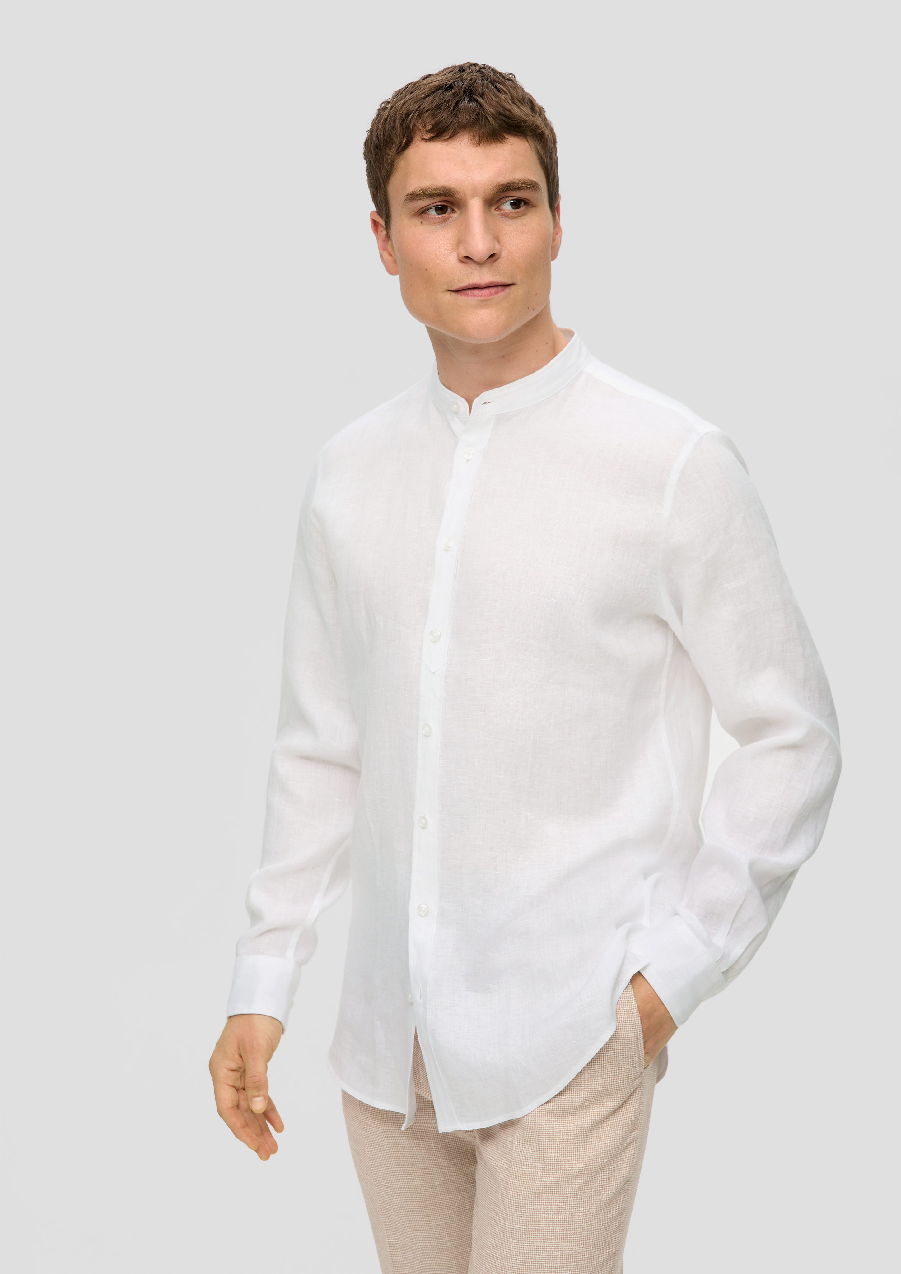 s.Oliver BLACK LABEL Langarmhemd Leinenhemd mit Stehkragen