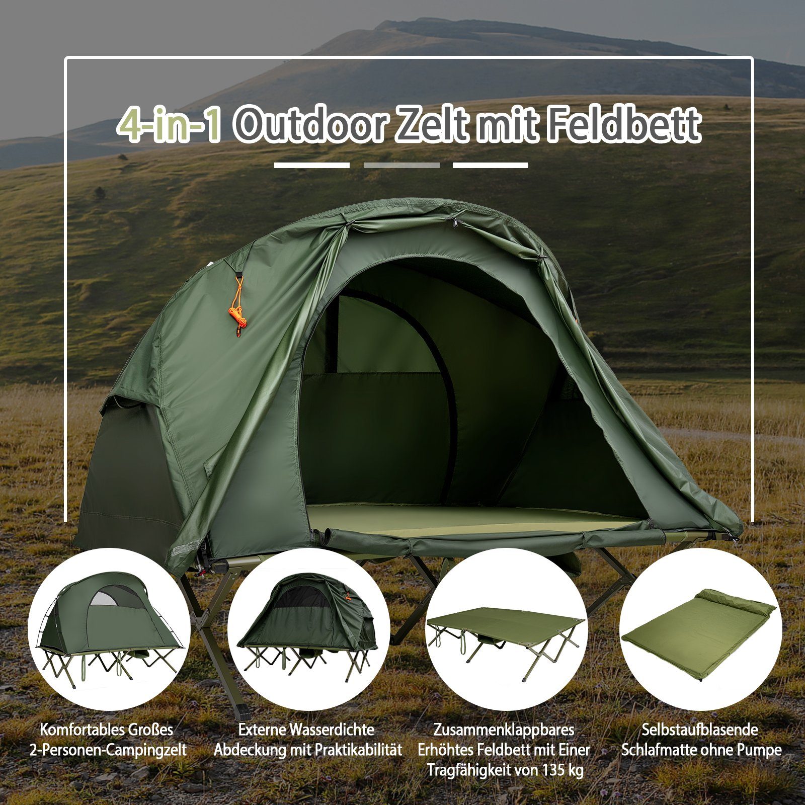 Campingzelt, grün COSTWAY Kuppelzelt mit Personen: Tasche 2,