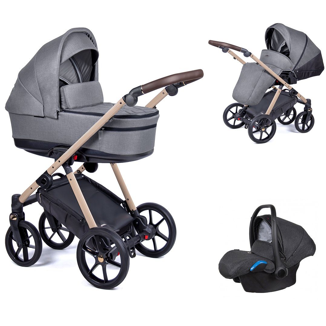 babies-on-wheels Kombi-Kinderwagen 3 in 1 Kinderwagen-Set Axxis - 15 Teile - in 24 Designs Grau = gestell beige