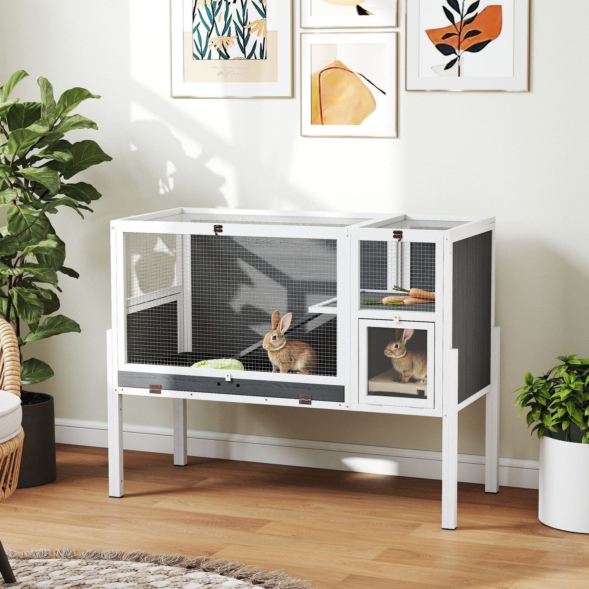 PawHut Kleintierstall Kaninchenstall aus Holz mit Rampe, Eingängen, Ruheraum, für Zwergkaninchen und Meerschweinchen, Grau