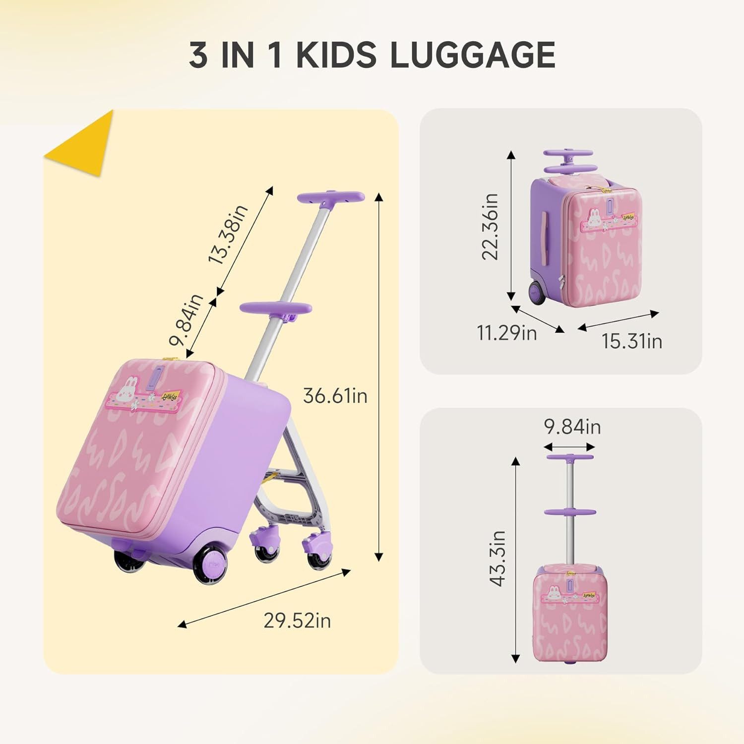 Rolipo Kinderkoffer Kinderkoffer zum Draufsitzen, 32L mit Teleskopstange und 4 Rollen, 4 Rollen, Reisekoffer Kinder, Faltbar und abnehmbar