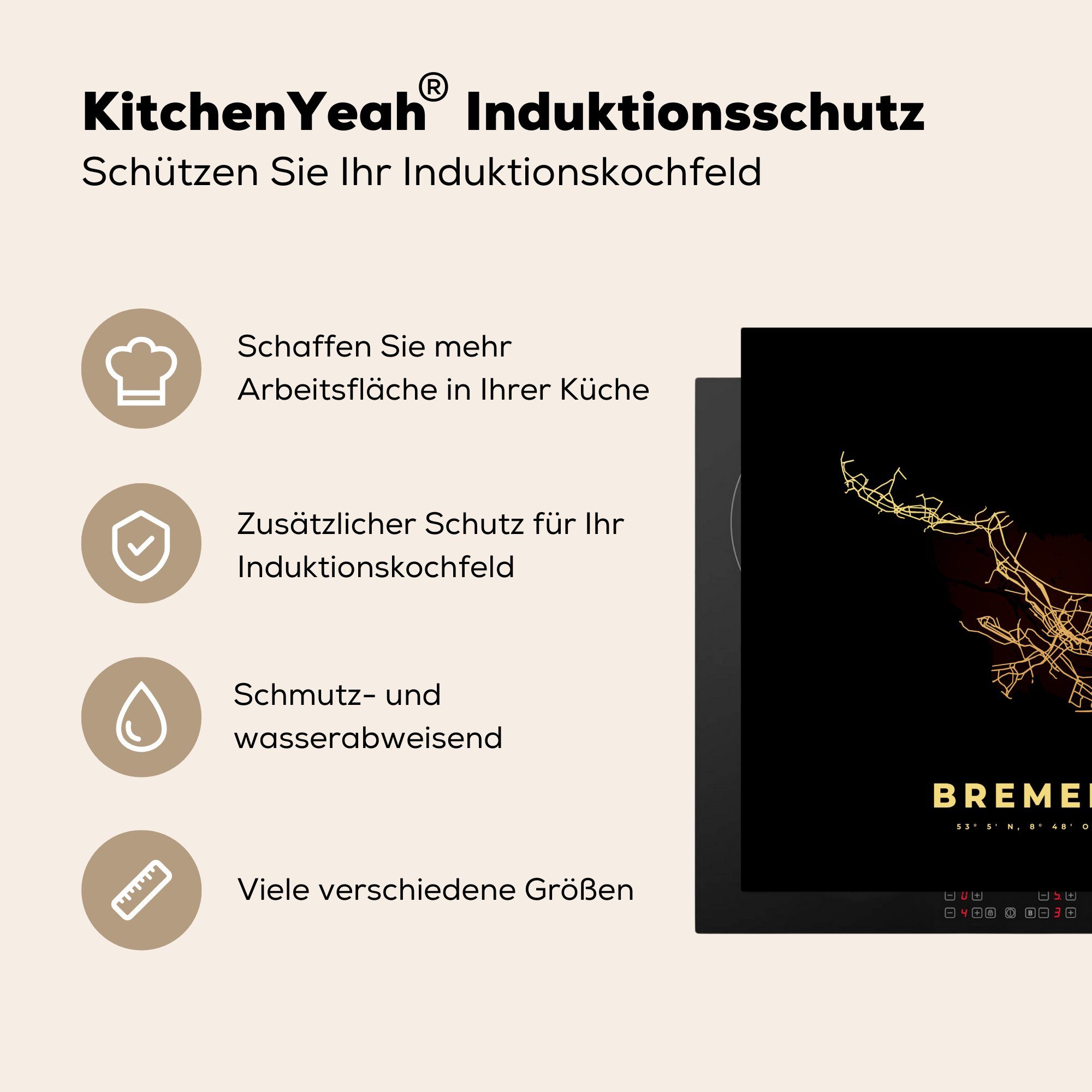 cm, für tlg), - Karte, MuchoWow Gold Arbeitsplatte Bremen küche Herdblende-/Abdeckplatte 78x78 - - Vinyl, Stadtplan Ceranfeldabdeckung, (1