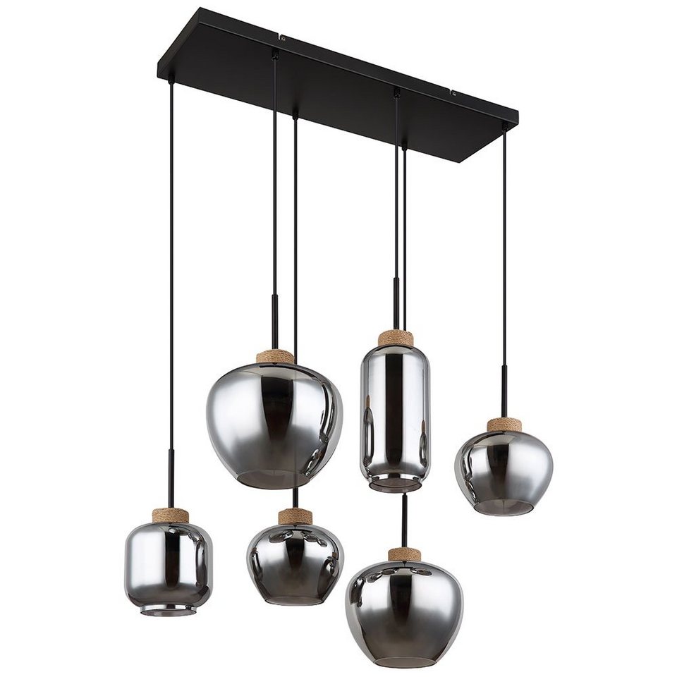 Globo Pendelleuchte, Leuchtmittel nicht inklusive, Hängelampe Hängeleuchte  Pendellampe 6 flammig Rauchglas Holz E27 120cm, ABMESSUNGEN: Länge x Breite  x Höhe in cm: 80x40x120