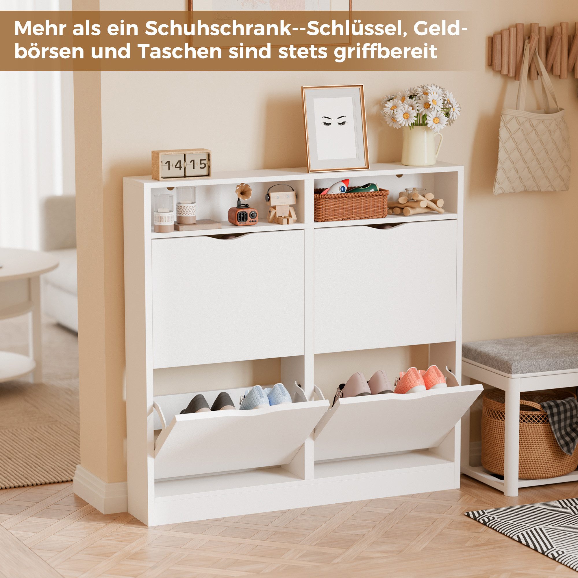 ELUCHANG Schuhschrank Schmal mit 4 Klappen Platzsparender (1-St) 100×17×100cm, weiß – Bild 4 von 5
