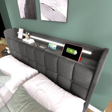 Ulife Polsterbett Stauraumbetten Doppelbett mit LED-Beleuchtung,USB Ladefunktion, 2 Schubladen, 90 × 200cm