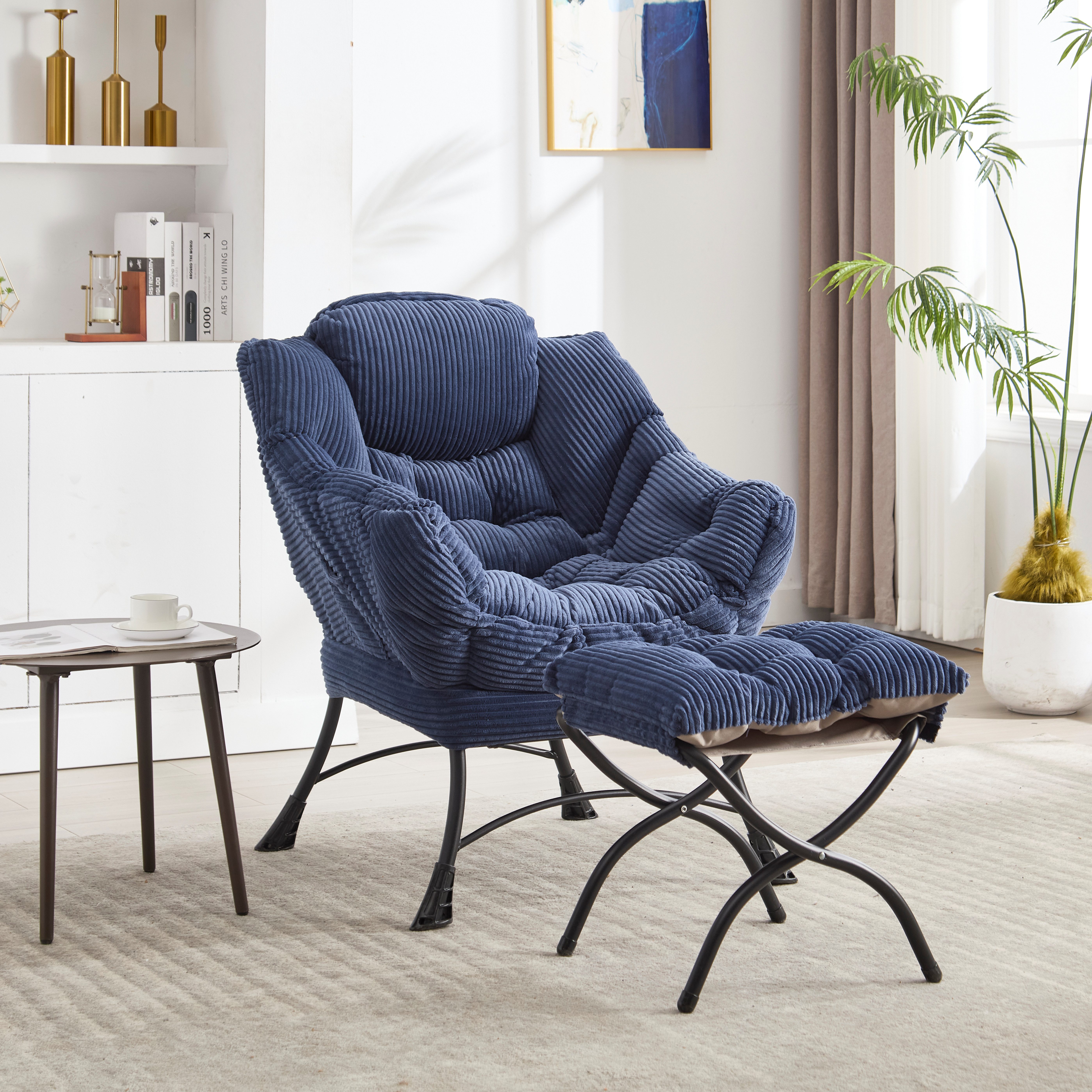 STILVORA Loungesofa mit Ottoman Fauler Stuhl mit Seitentasche für kleinen Raum Marineblau, Relaxsessel mit Fußhockel, Rückenlehnenstütze passt ergonomisch