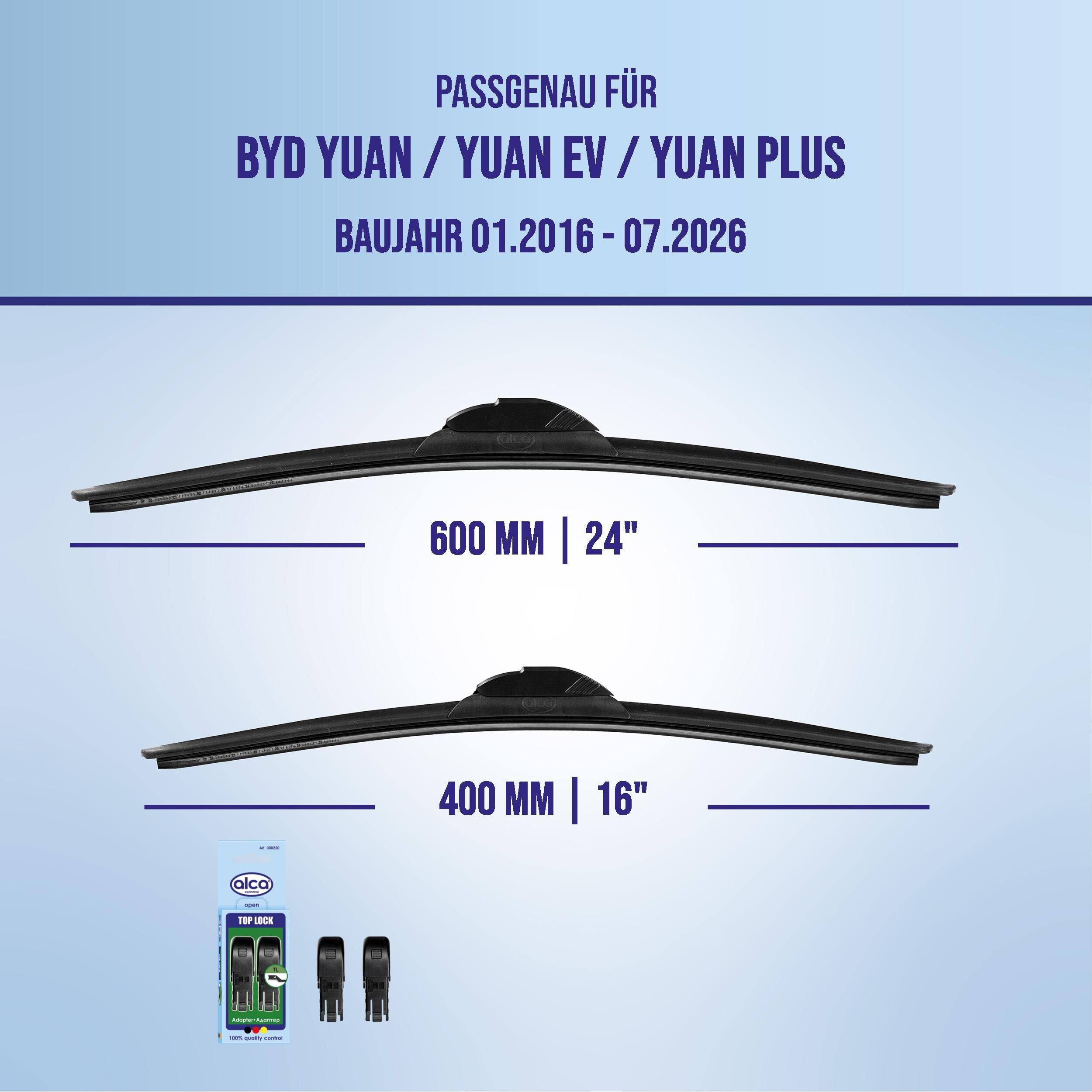 alca Scheibenwischblätter passend für BYD YUAN / YUAN EV / YUAN PLUS, 01.2016 - 08.2026, Frontscheibe, (Packung, 2-St., Scheibenwischer), mit Nano Graphit Beschichtung