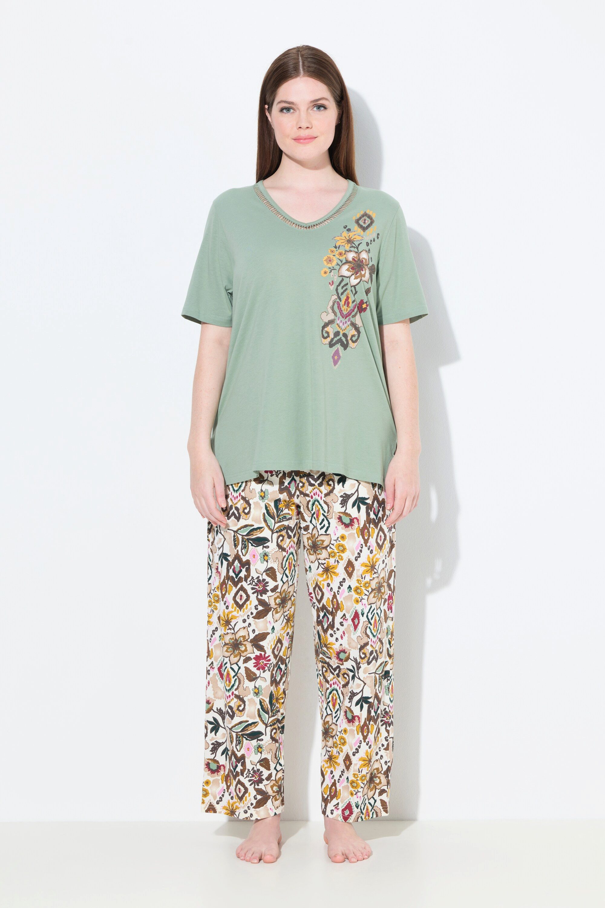 Ulla Popken Pyjama Pyjama Blüten V-Ausschnitt günstig online kaufen