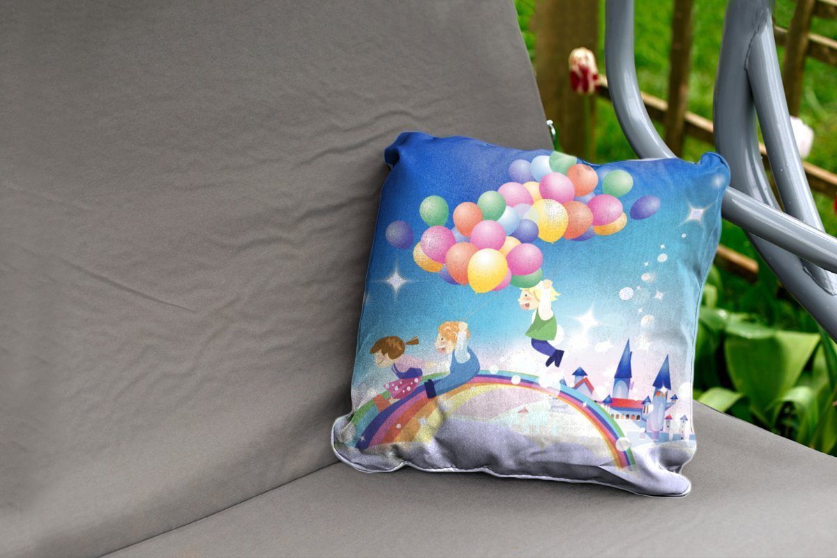 Dekokissenbezug, Dekokissen Mädchens Regenbogenfarben, mit Luftballons Outdoor in eines Kissenbezüge, MuchoWow Eine Dekokissen, Kissenhülle, Illustration