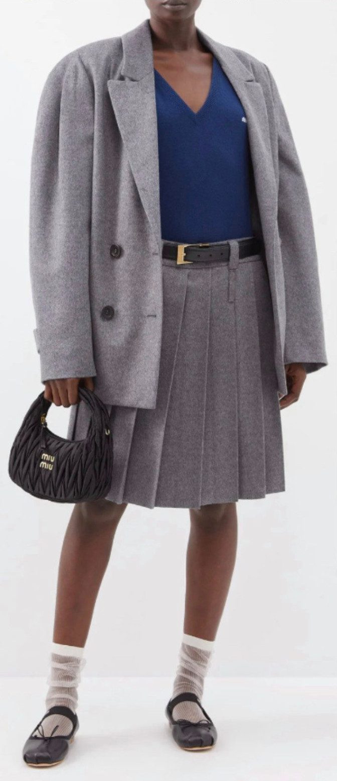 Miu Miu Midirock Faltenrock Rock Plissee Wool Cashmere Pleated Midi Knee Skirt Gürtelschlaufen-Feine Logostickerei auf der Rückseite