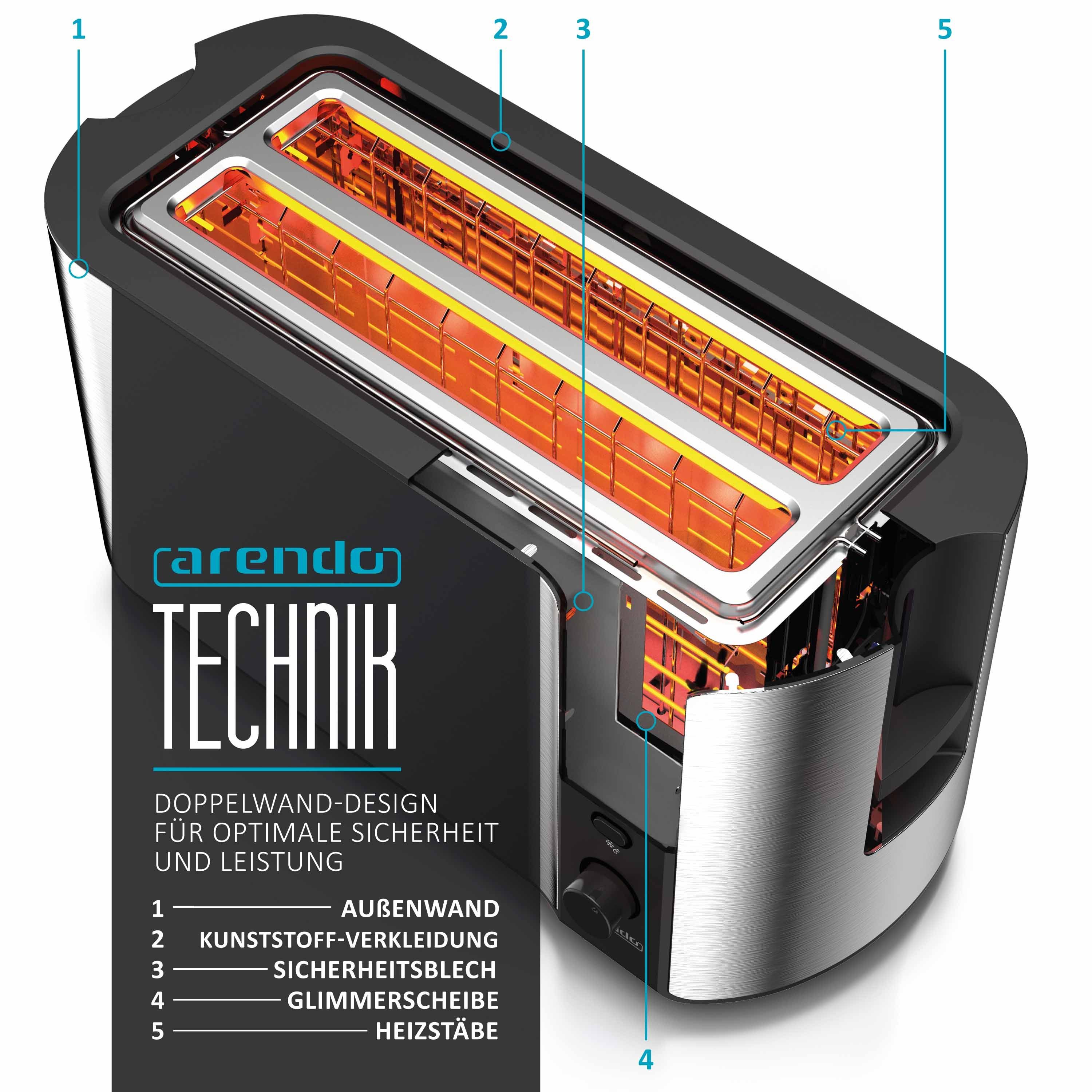 W, Langschlitz, Scheiben, Schlitze, Display Brötchenaufsatz, 2 Arendo silber/schwarz Toaster, 1500 Wärmeisolierendes Gehäuse, 4 lange für