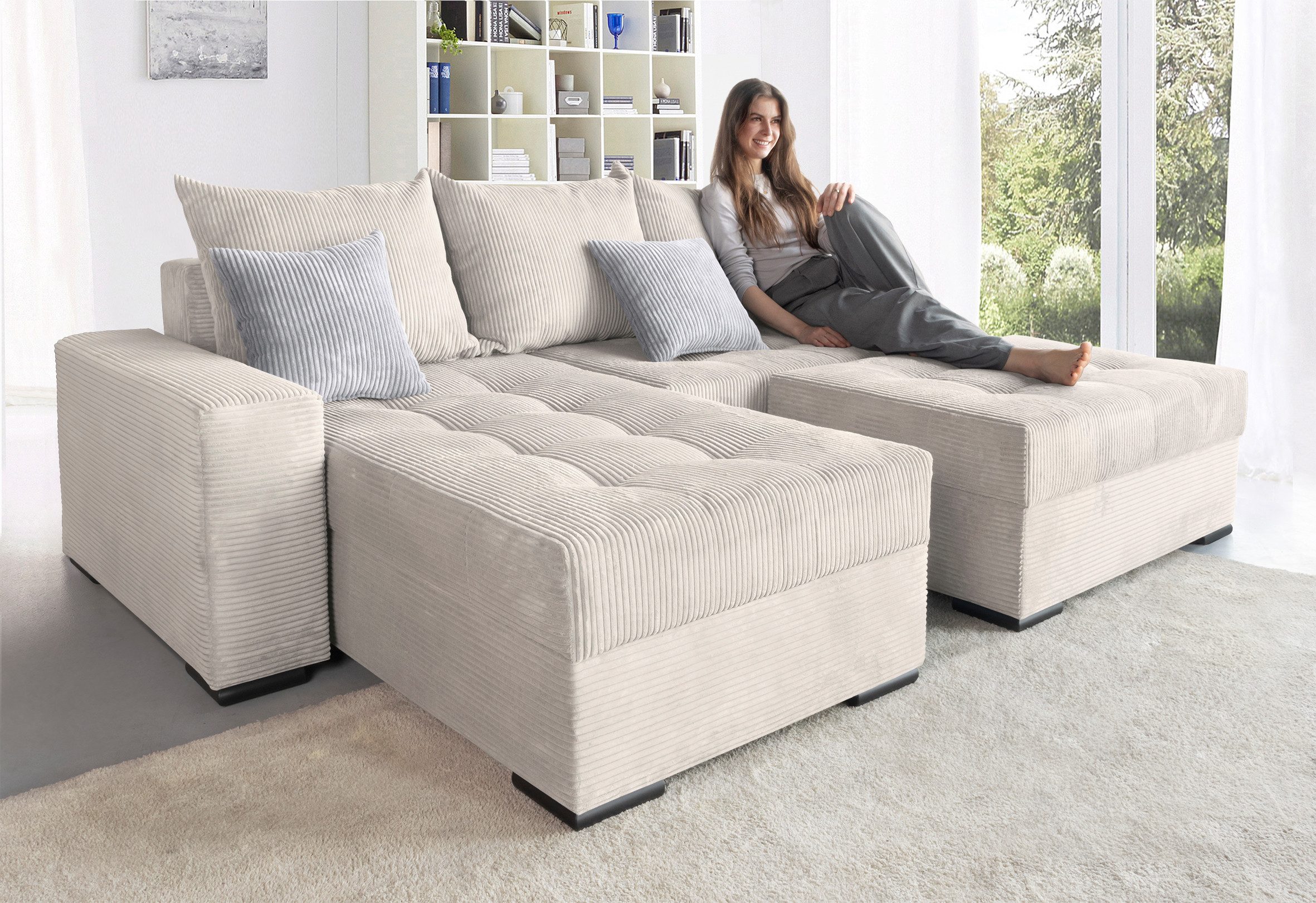 COLLECTION AB Ecksofa Josy L-Form, B: 214 cm in Cord, Cord-Mix, mit Bettfunktion, Bettkasten & 2 Zierkissen, Federkern