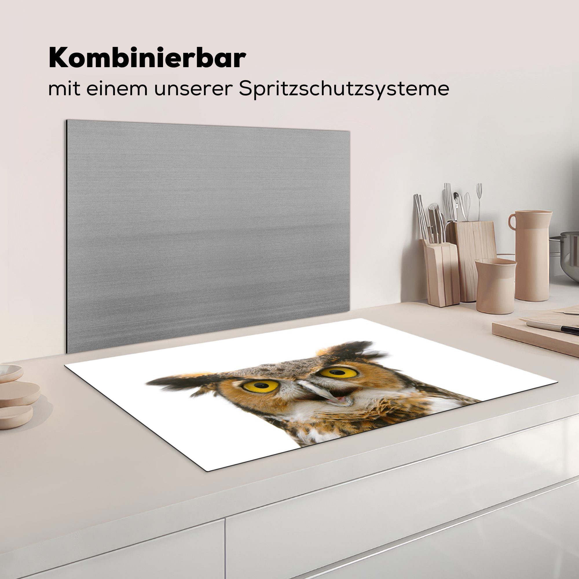 Schutz Eule (1 küche, Herdblende-/Abdeckplatte Vinyl, MuchoWow Porträt, Ceranfeldabdeckung - Induktionskochfeld für Vogel 81x52 die - tlg), cm,