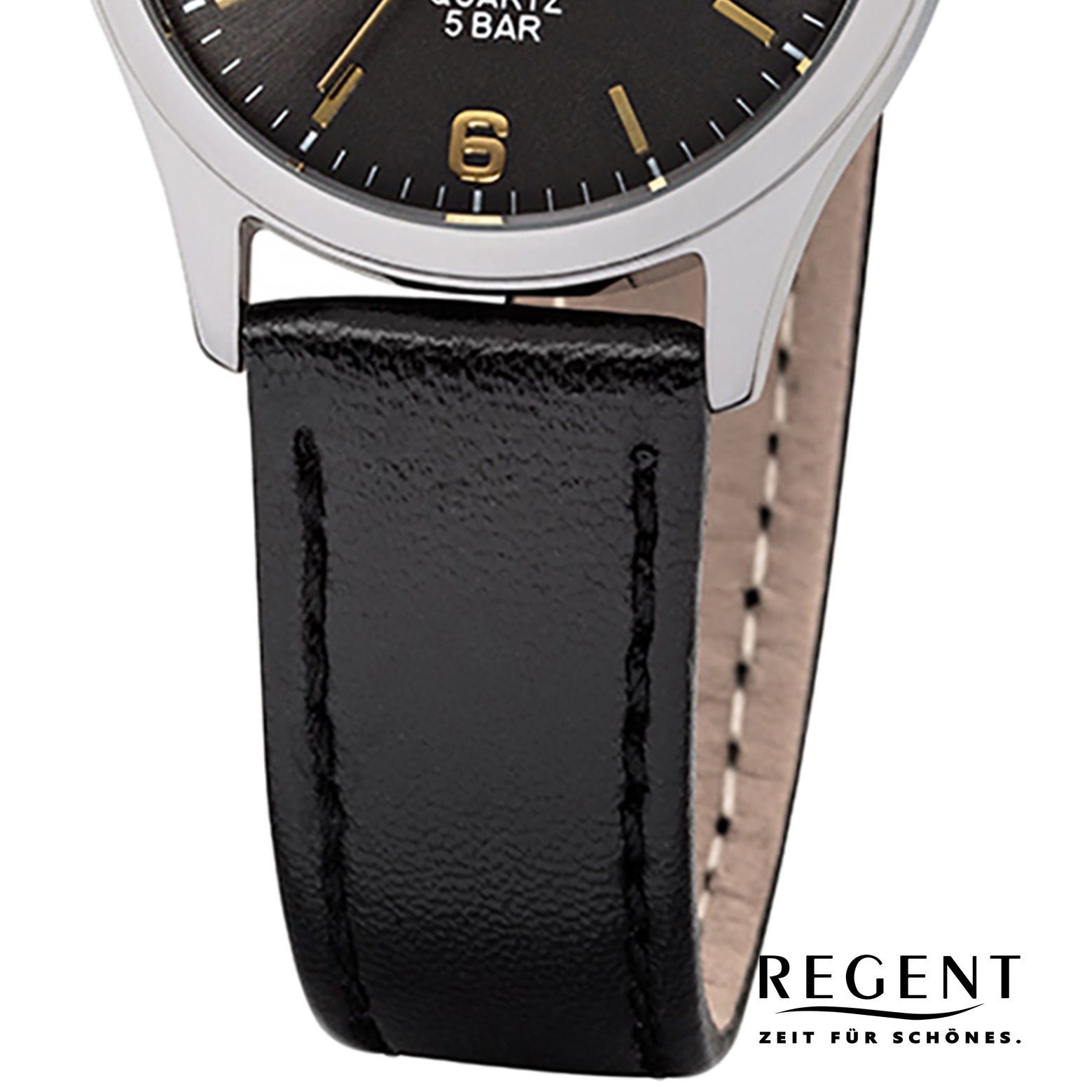 Regent Quarzuhr rund, Analog, klein Damen schwarz Lederarmband Regent (ca. 29mm), Armbanduhr Damen-Armbanduhr