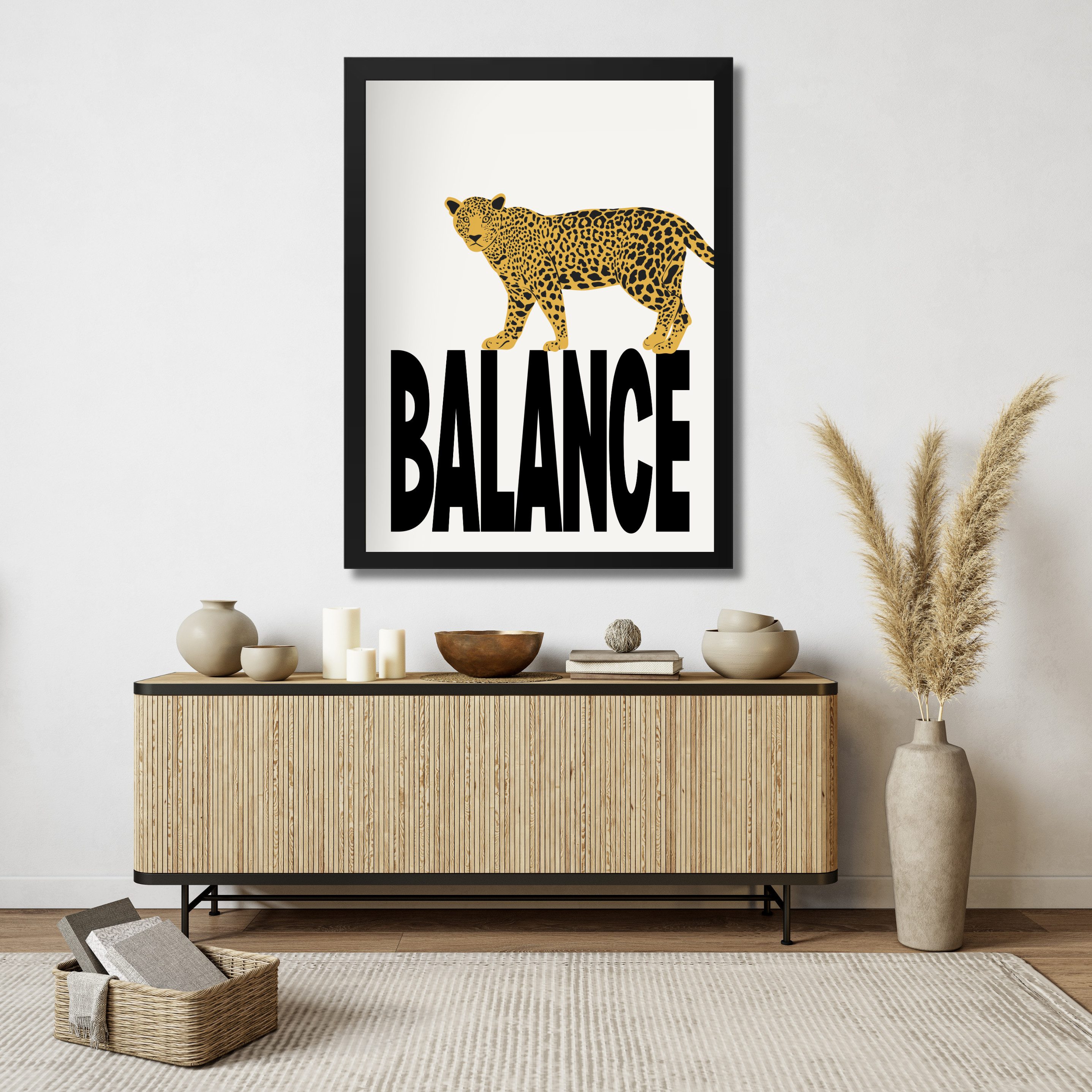 Egn Home Poster BALANCE Wandbild – Typografie & Leopard-Illustration, (Erhältliche Größen: 21×30 cm und 30×40 cm), Hochwertiger Druck mit stilvollem Rahmen in Schwarz oder Weiß.