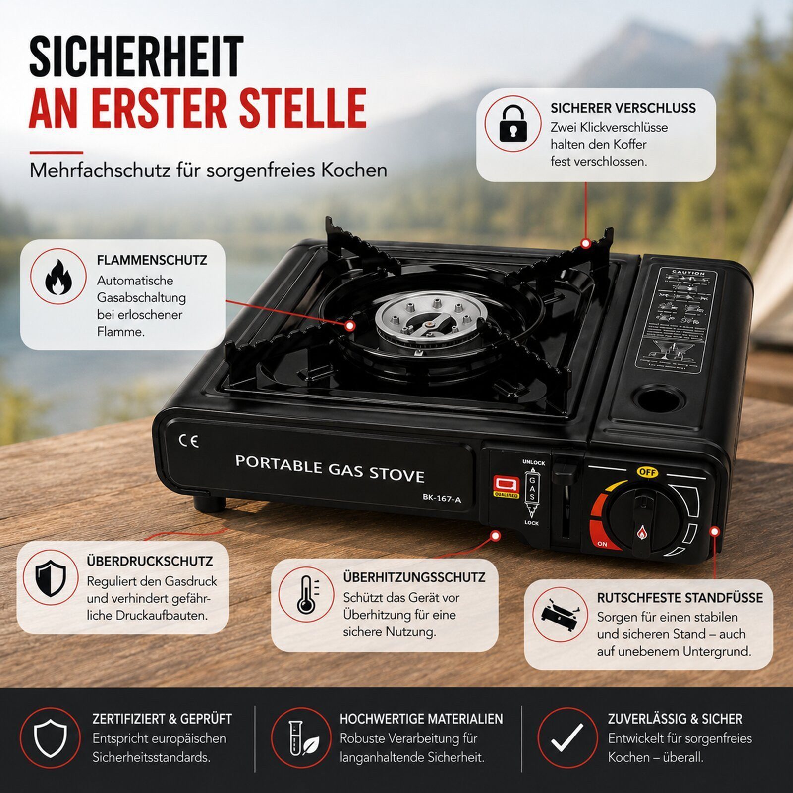Ertex Gaskocher Campingkocher Gasherd portabel Campingherd mit Koffer & Gaskartuschen – Bild 4 von 5