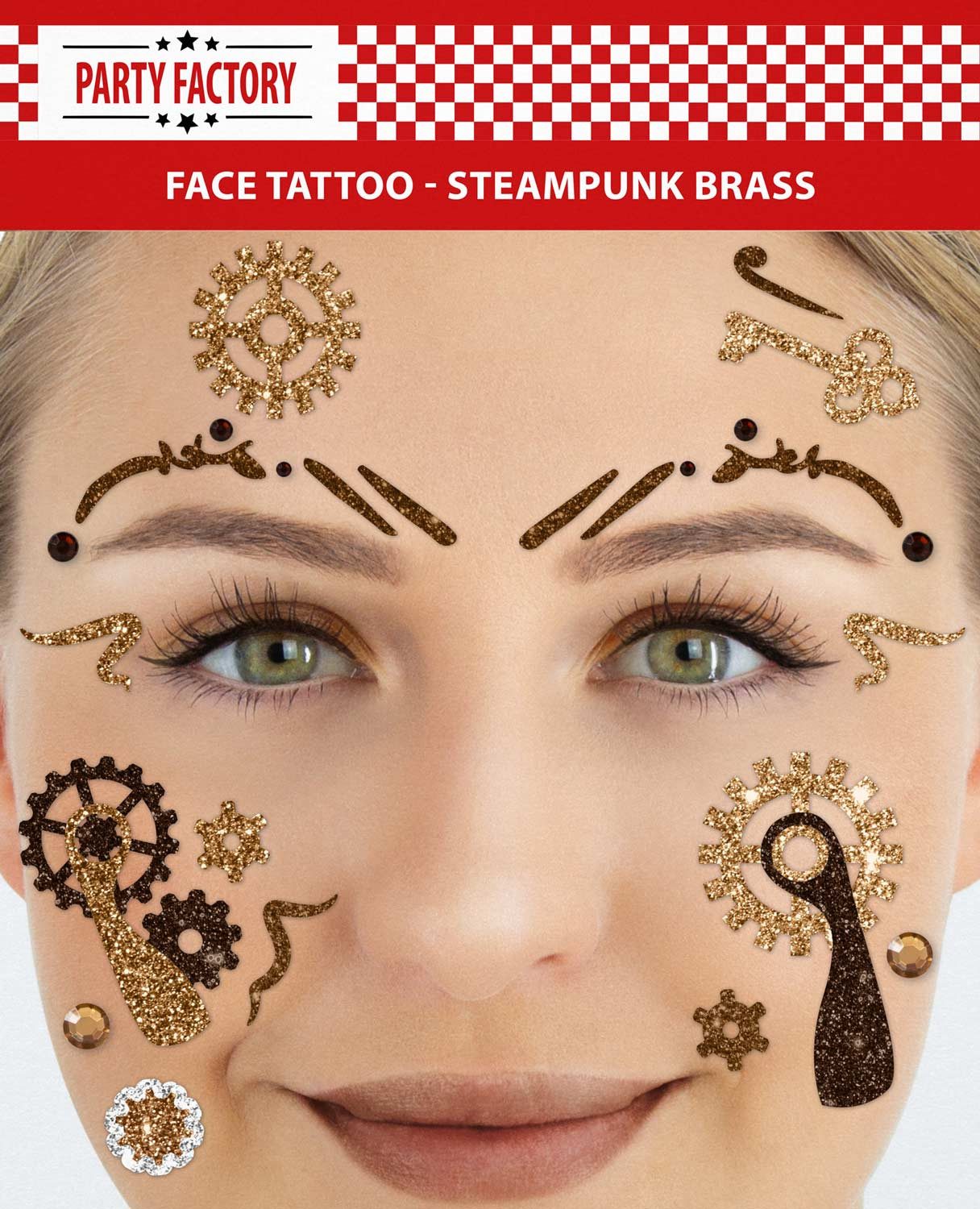 Party Factory Strass-Tattoo Gesichtstattoo Glitter Face Tattoo Glitzer Karneval Halloween Party, mit Glitzerelementen und Strass-Steinchen je nach Wahl
