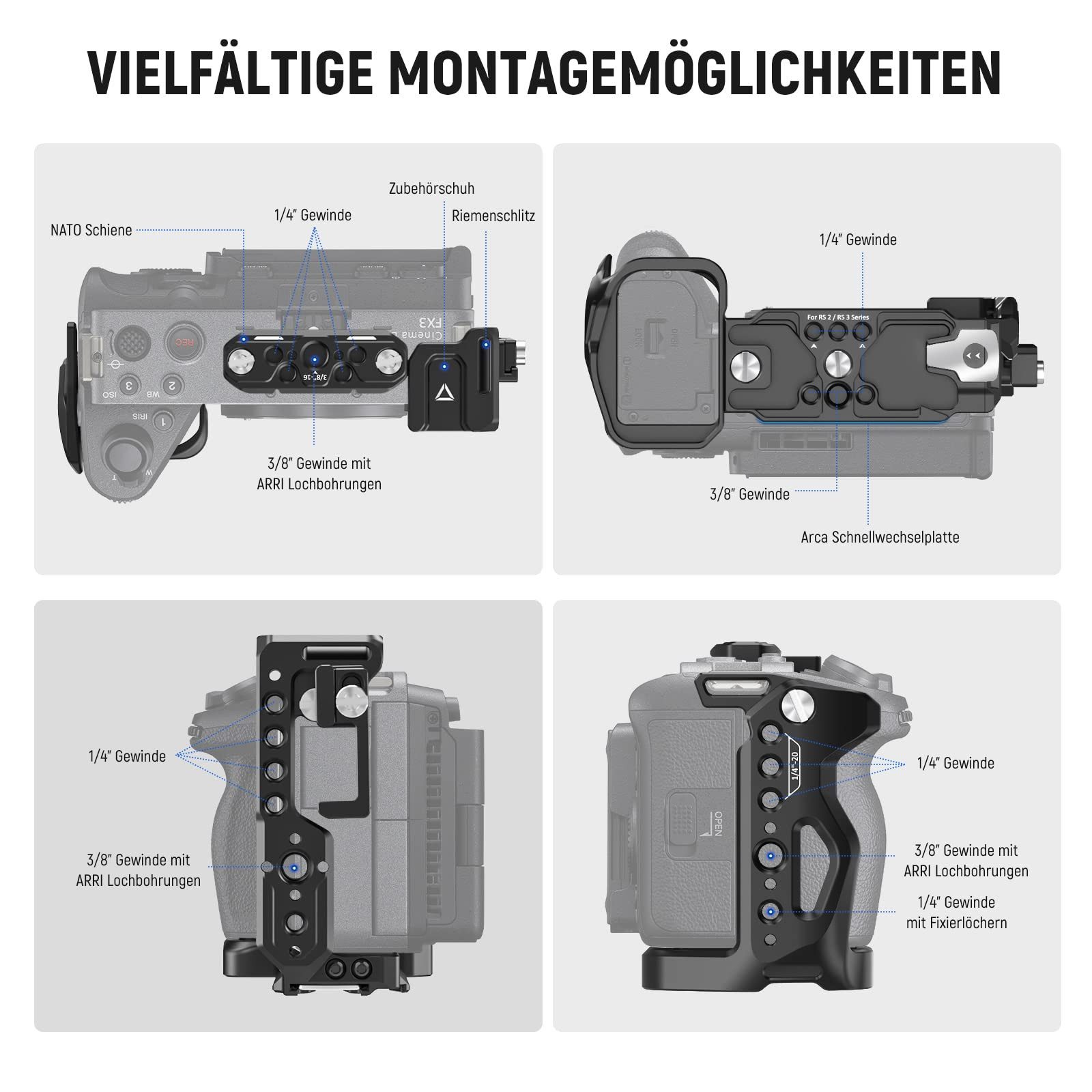 Neewer CA011 FX3/FX30 Cage Kamera Käfig mit NATO Schiene & HDMI Clamp Stativhalterung (Viele Befestigungsgewinde)