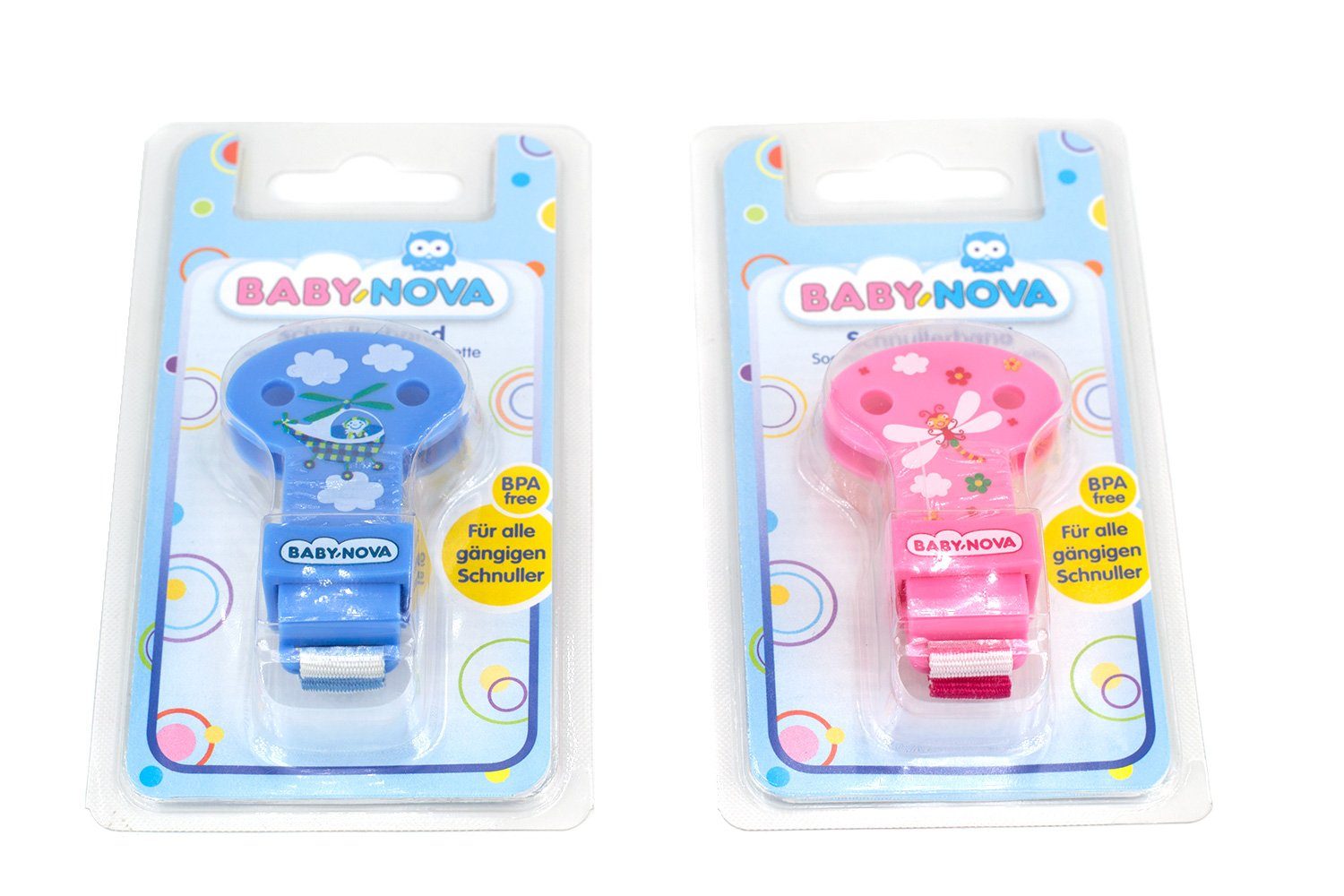 Babynova Schnullerbefestigung, Schnullerband mit 1 Silikonring Stück / sortiert frei BPA rosa blau
