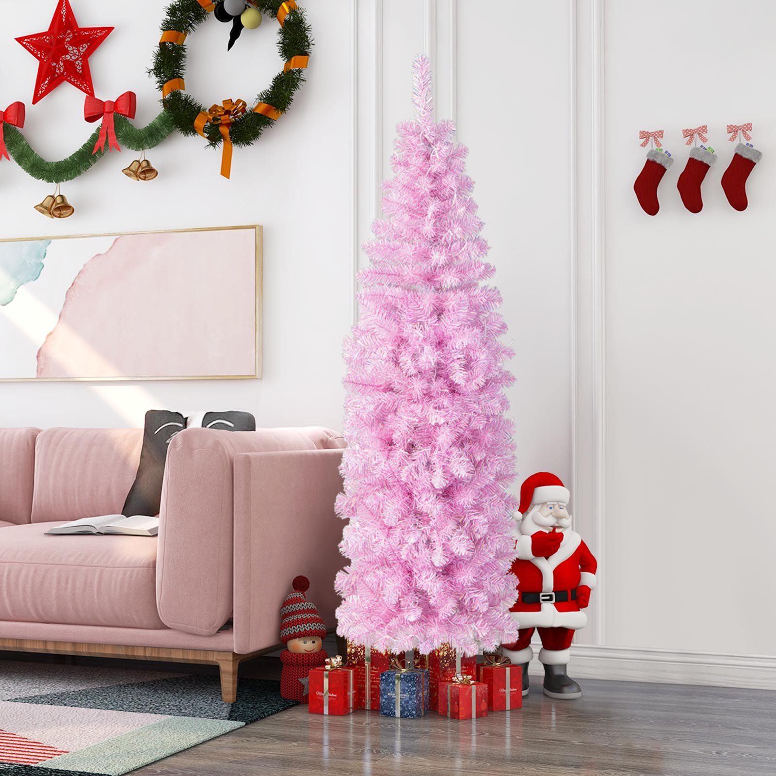 Weihnachtsbaum, 180cm Bleistift, COSTWAY Künstlicher kaltweißen Rosa mit LEDs, 250