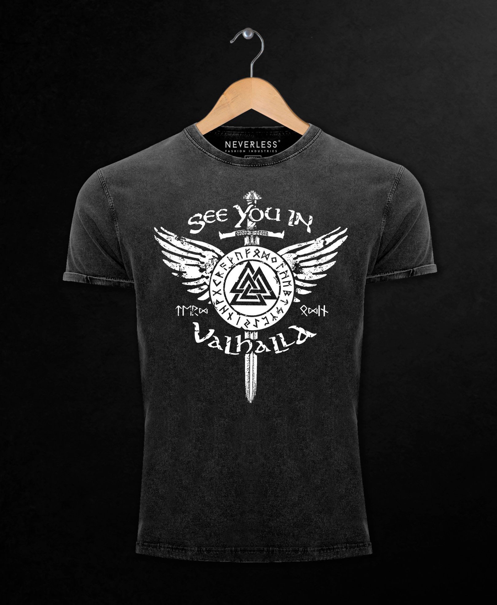 Neverless Print-Shirt Herren Vintage Shirt See you in Valhalla Schwert Runen Odin Vikings mit Print
