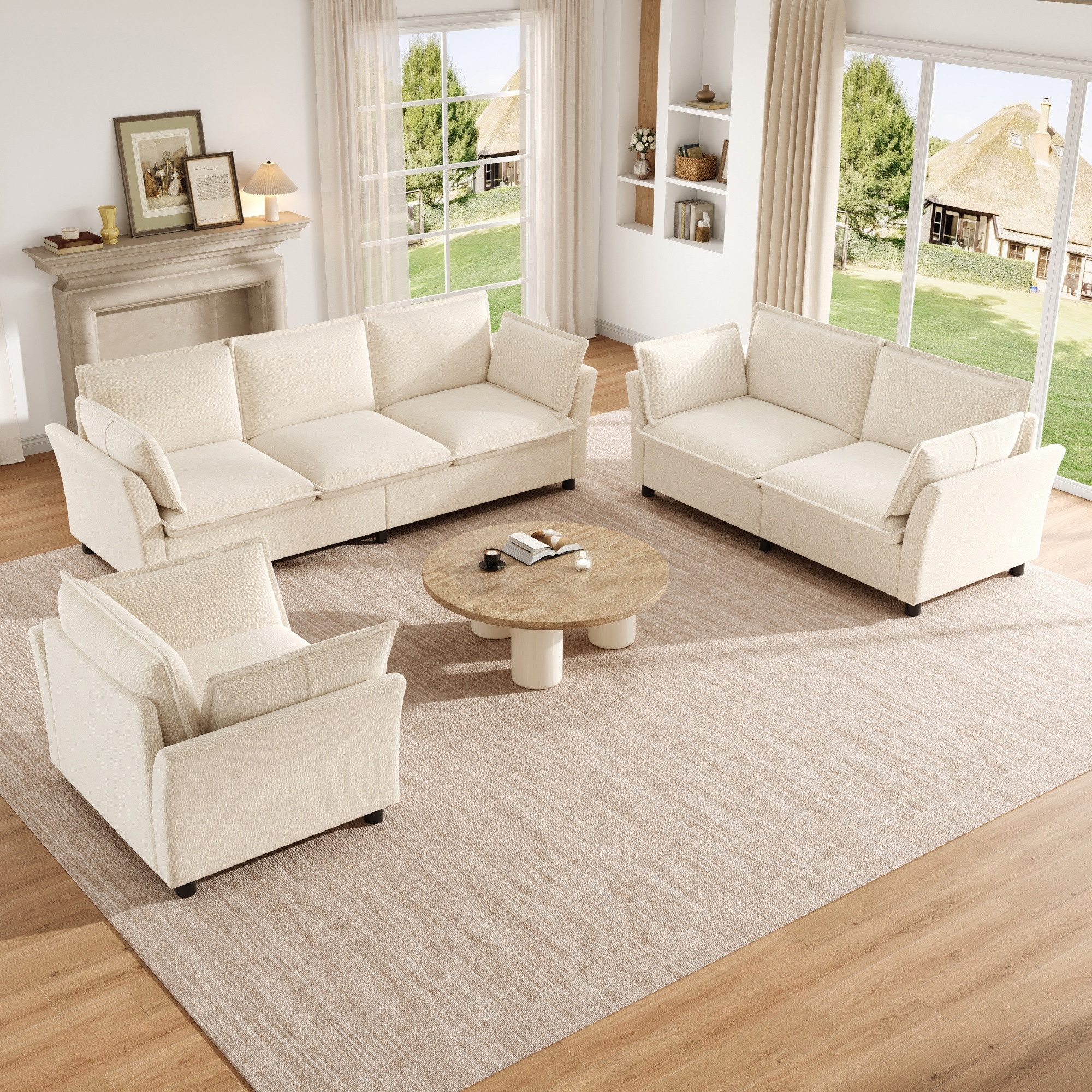 HAUSS SPOLE Loungesofa 3-Sitzer + 2-Sitzer + Sessel-Kombination aus Chenille mit Kissen,Beige, Wohnzimmersofa Relaxsofa mit Chenille-Stoffbezug und Schaumstoffkern 3 Teile, 3-2-1 Sofa-Set Sofakombination mit Armlehnen für Wohnzimmer