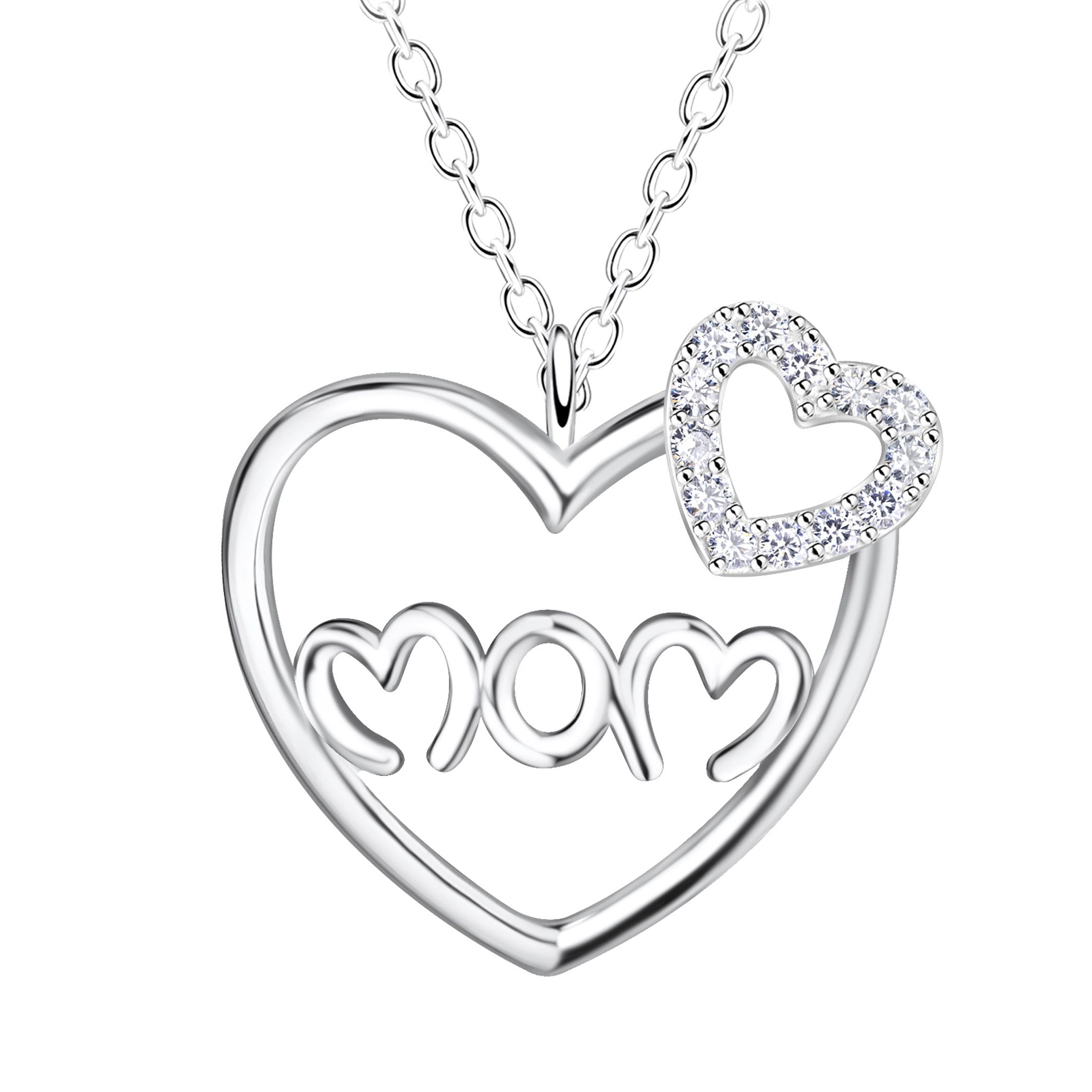 Kette mit Anhänger 925 Silber Kette Herz Anhänger MOM Schriftzug Zirkonia Herzanhänger