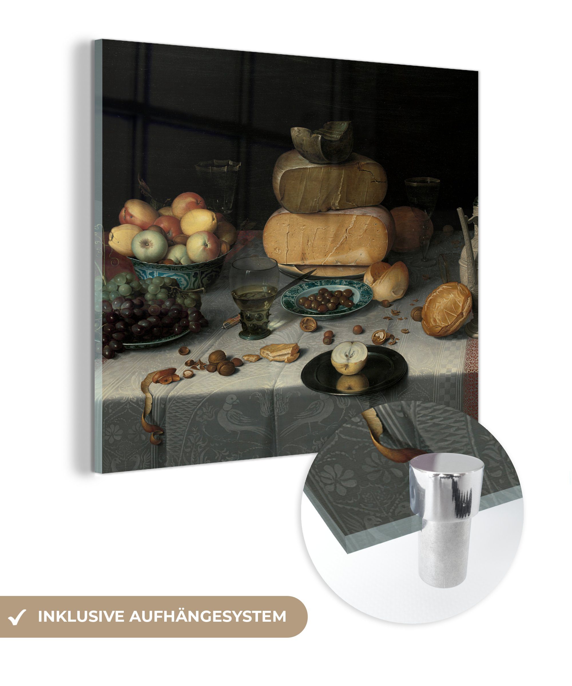 Käse mit Wanddekoration Gemälde Dijck, MuchoWow - Stilleben Glas (1 - - Floris Glasbilder Acrylglasbild von Bilder Wandbild van St), Claesz. - auf Foto Glas auf