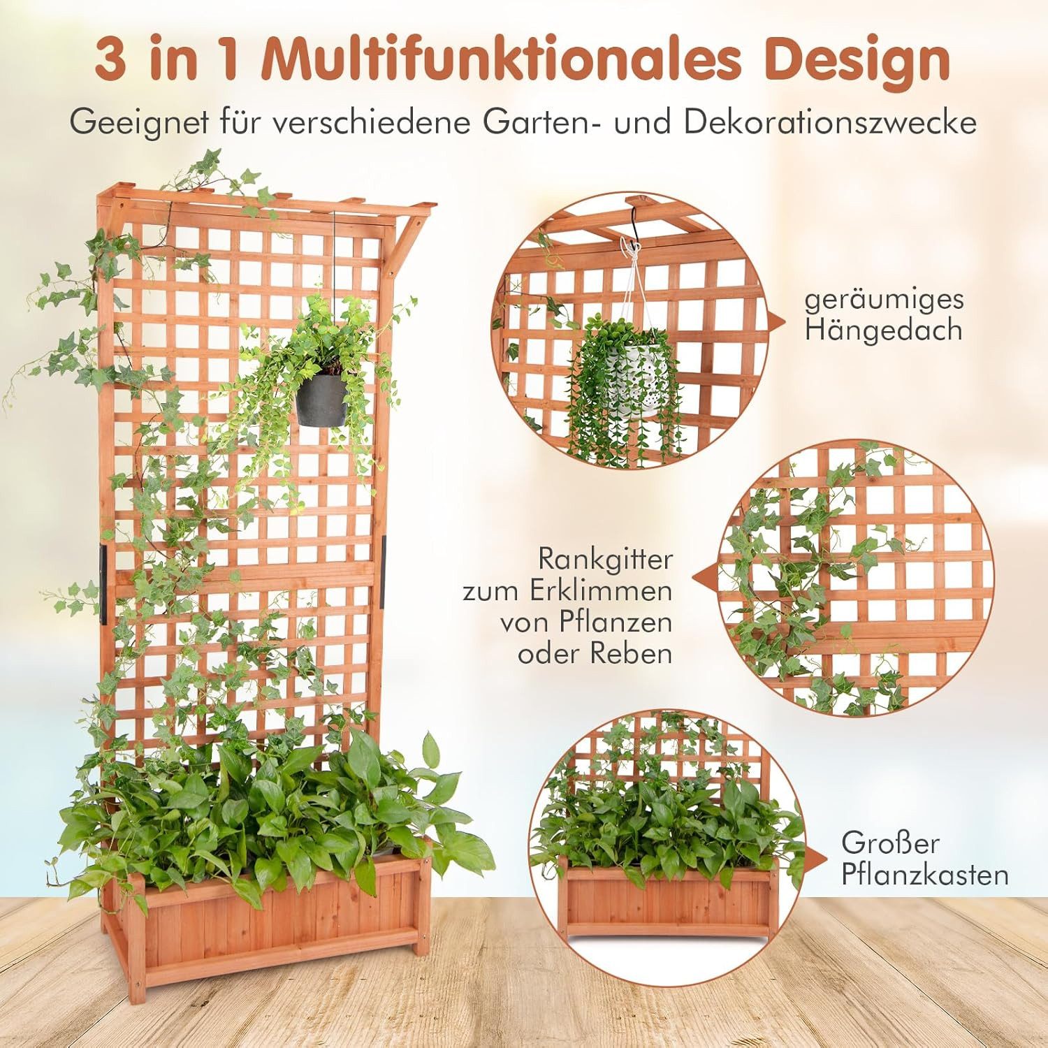 KOMFOTTEU Blumenkasten Pflanzkasten Hochbeet Gartenbeet, mit Rankgitter, Dach & Sichtschutz – Bild 4 von 5