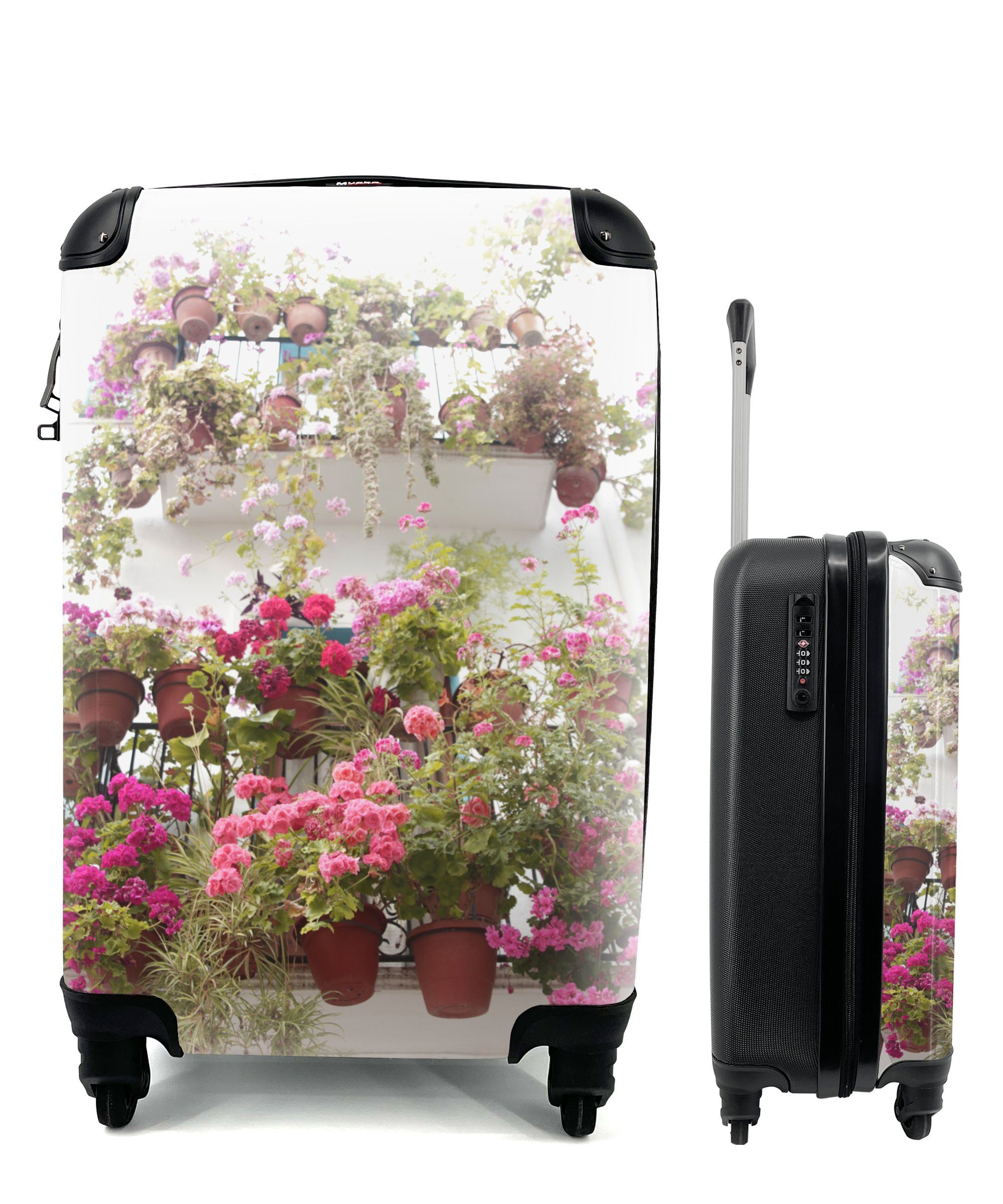 Ferien, auf Handgepäckkoffer Reisekoffer Balkon, 4 MuchoWow Reisetasche Rollen, mit einem Trolley, für Geranienblüten rollen, Handgepäck